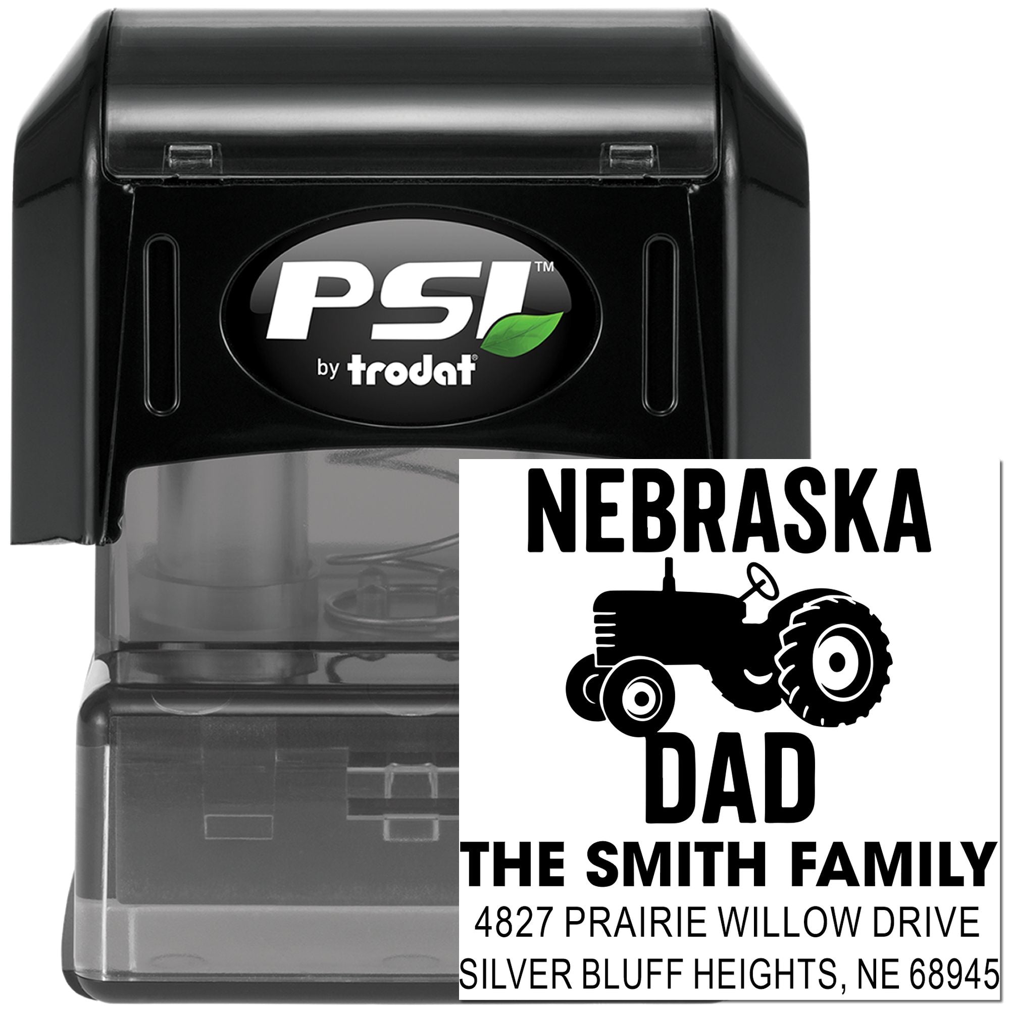 Custom self-inking rubber stamp for Nebraska Dad, featuring tractor design, family name, and address imprint.