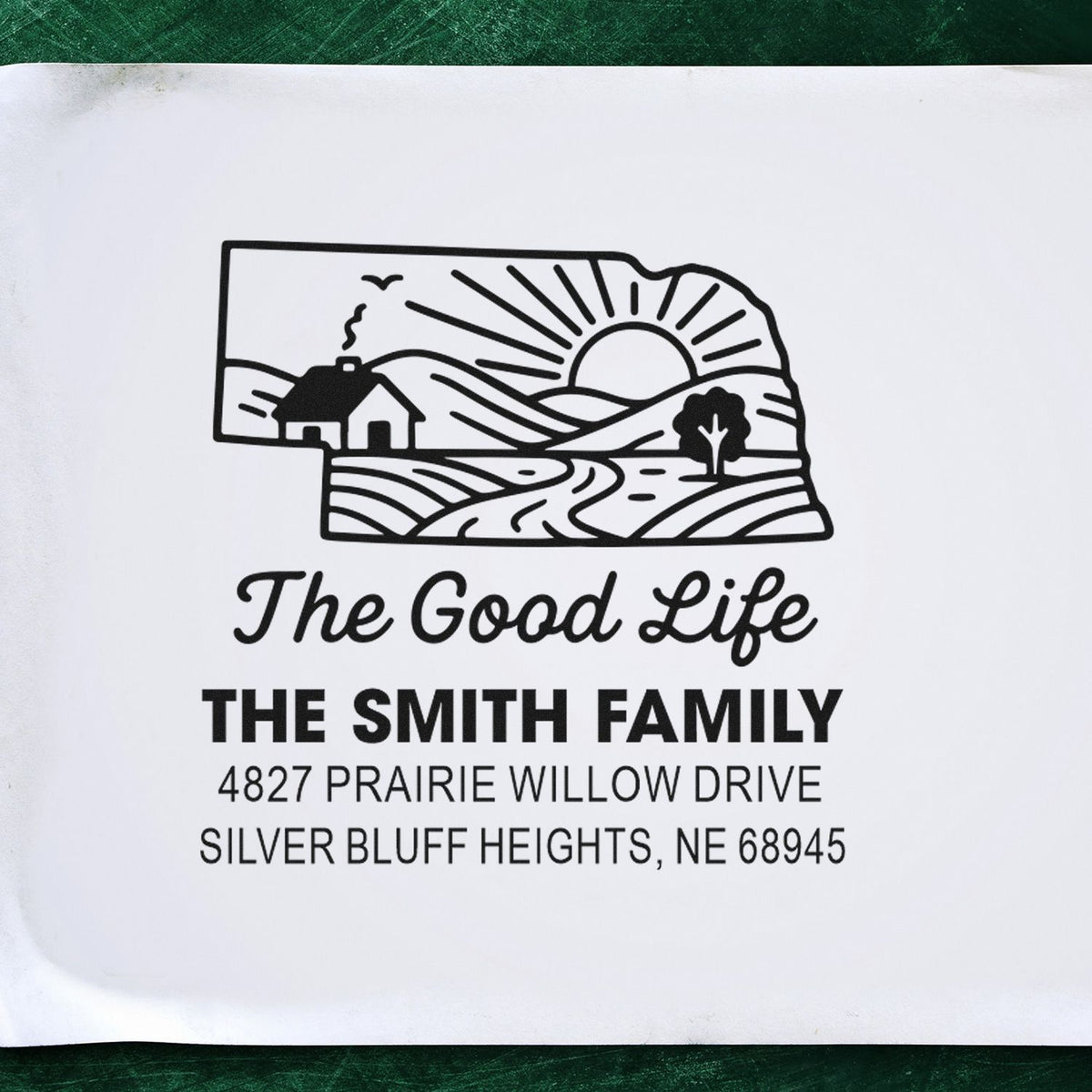 Personalized family return address rubber stamp with Nebraska landscape design for The Smith Family, Silver Bluff Heights, NE 68945