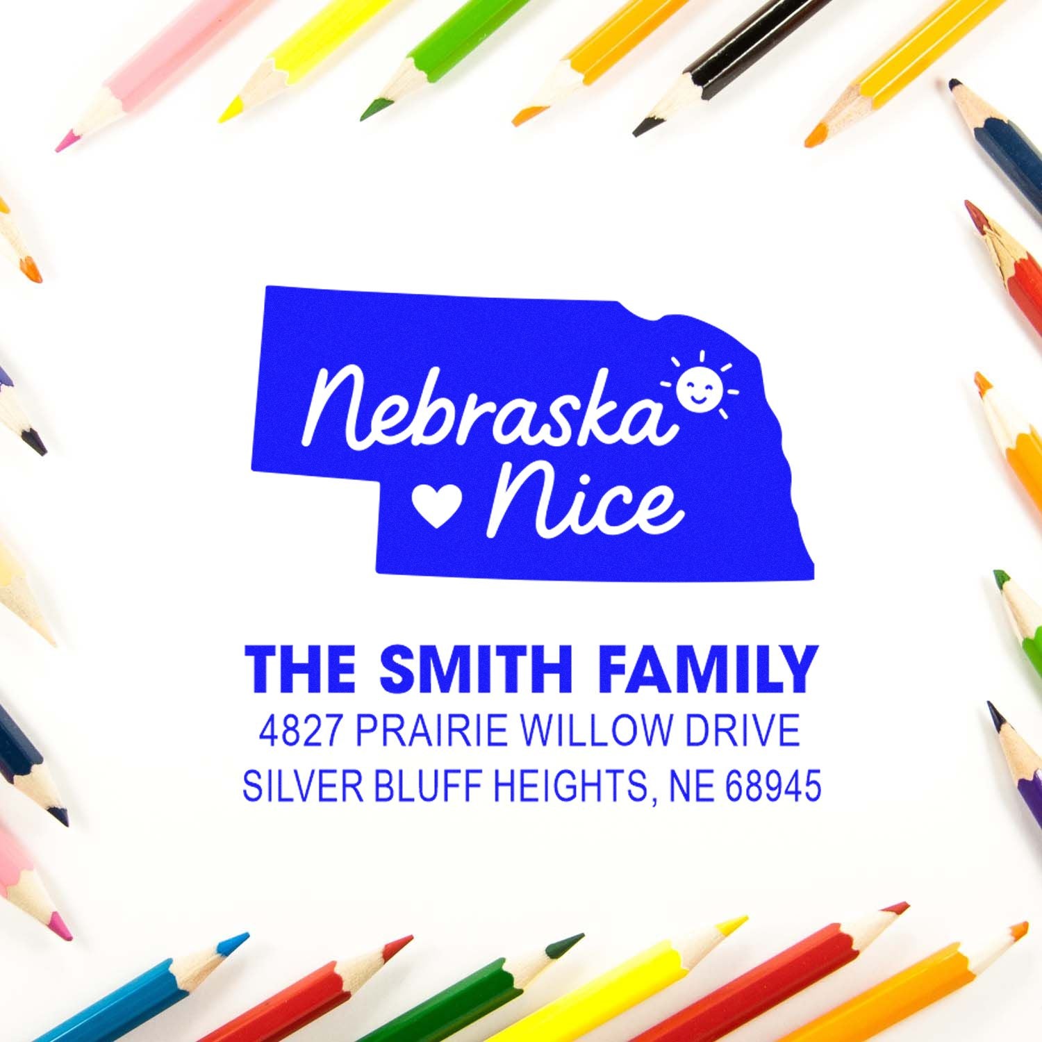 Custom Nebraska Nice Nebraska-shaped return address rubber stamp with family name and address for personalized mail.