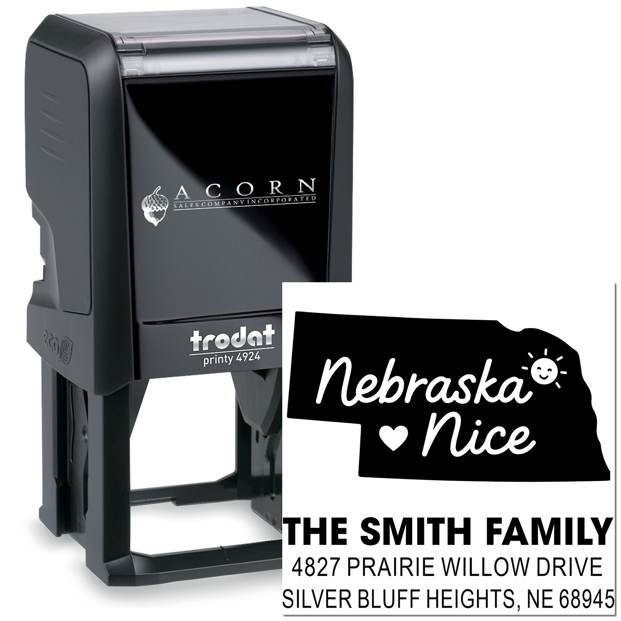 Custom Trodat Printy self-inking rubber stamp with Nebraska state design and personalized Smith family return address.