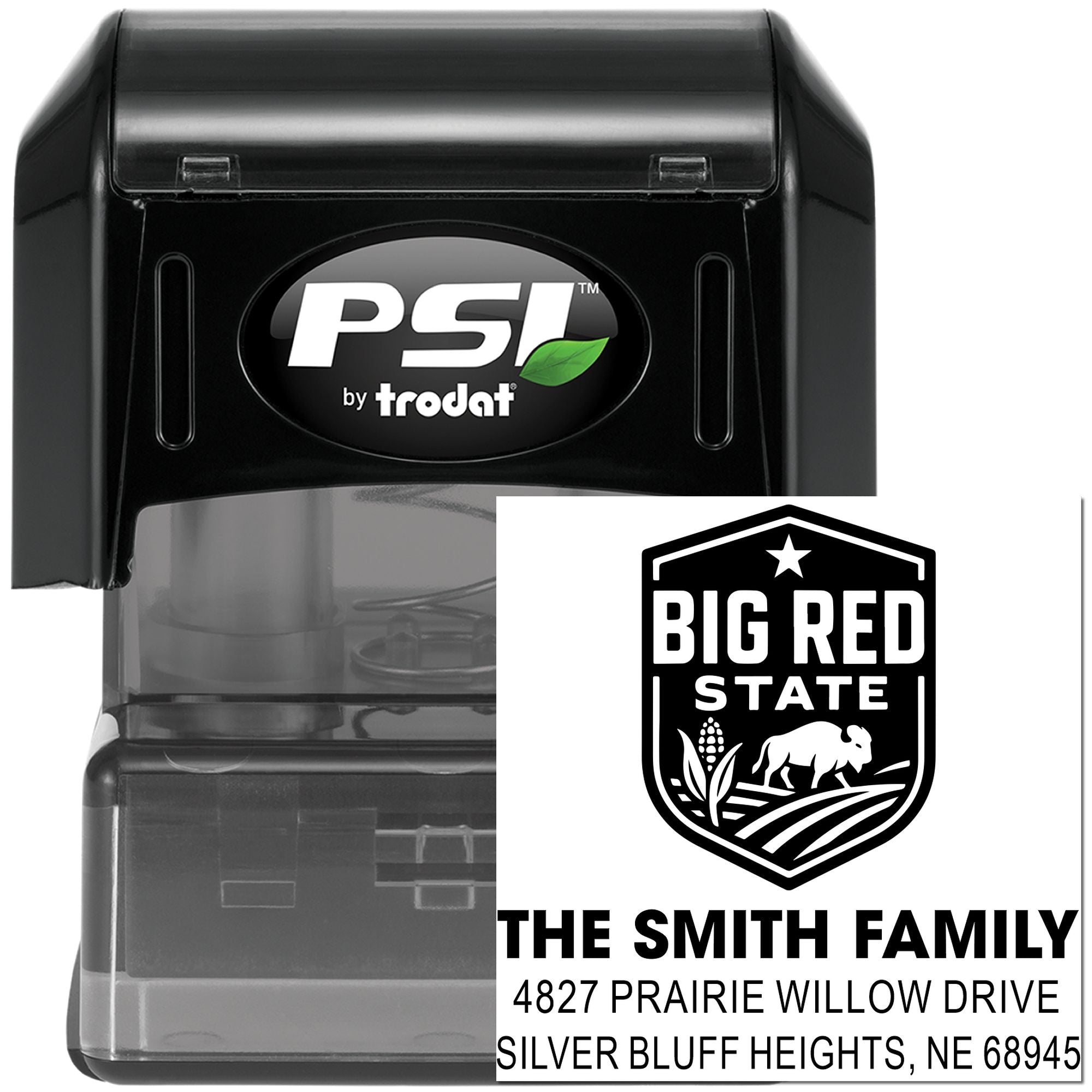 PSI by Trodat self-inking custom rubber stamp for return addresses, featuring Big Red State family address design.