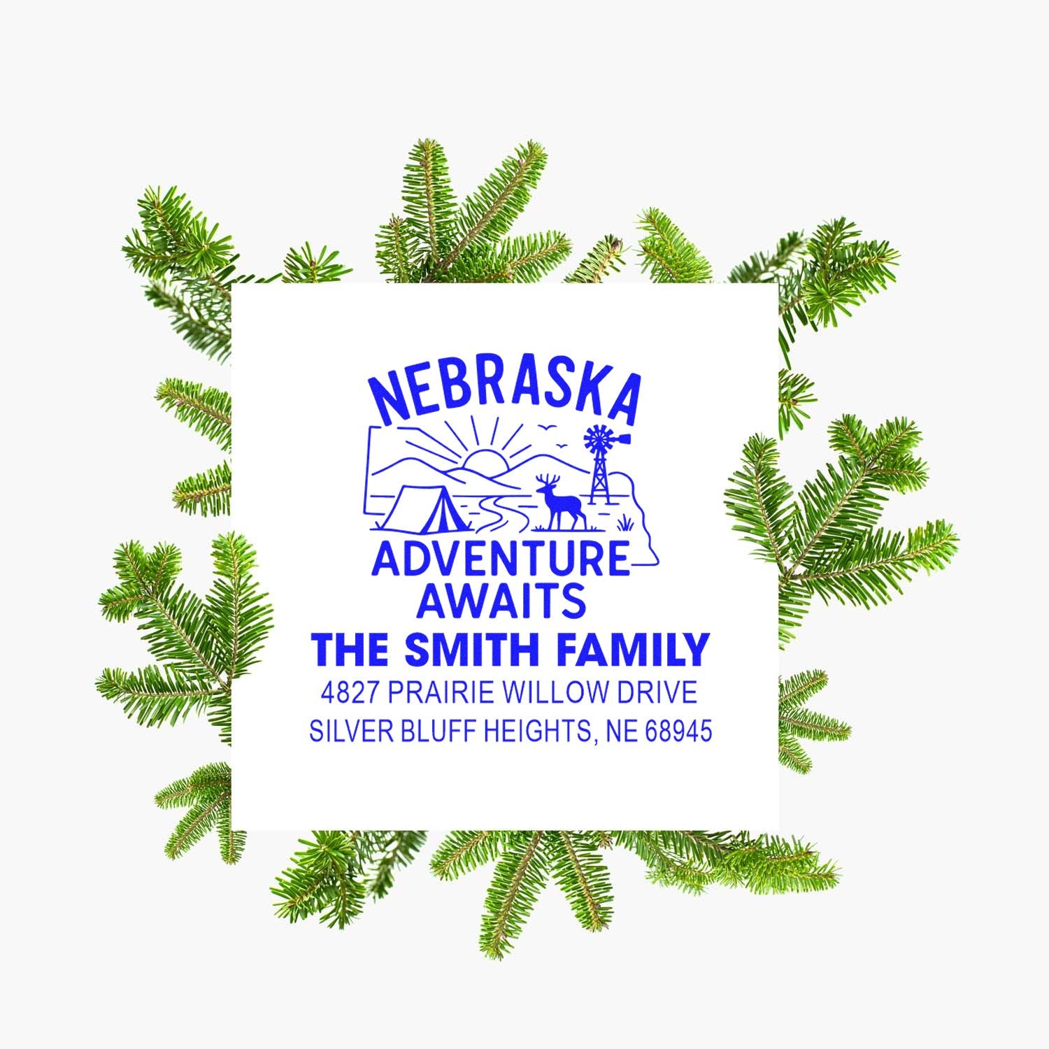Personalized Nebraska adventure return address rubber stamp for The Smith Family with camping scene and address.