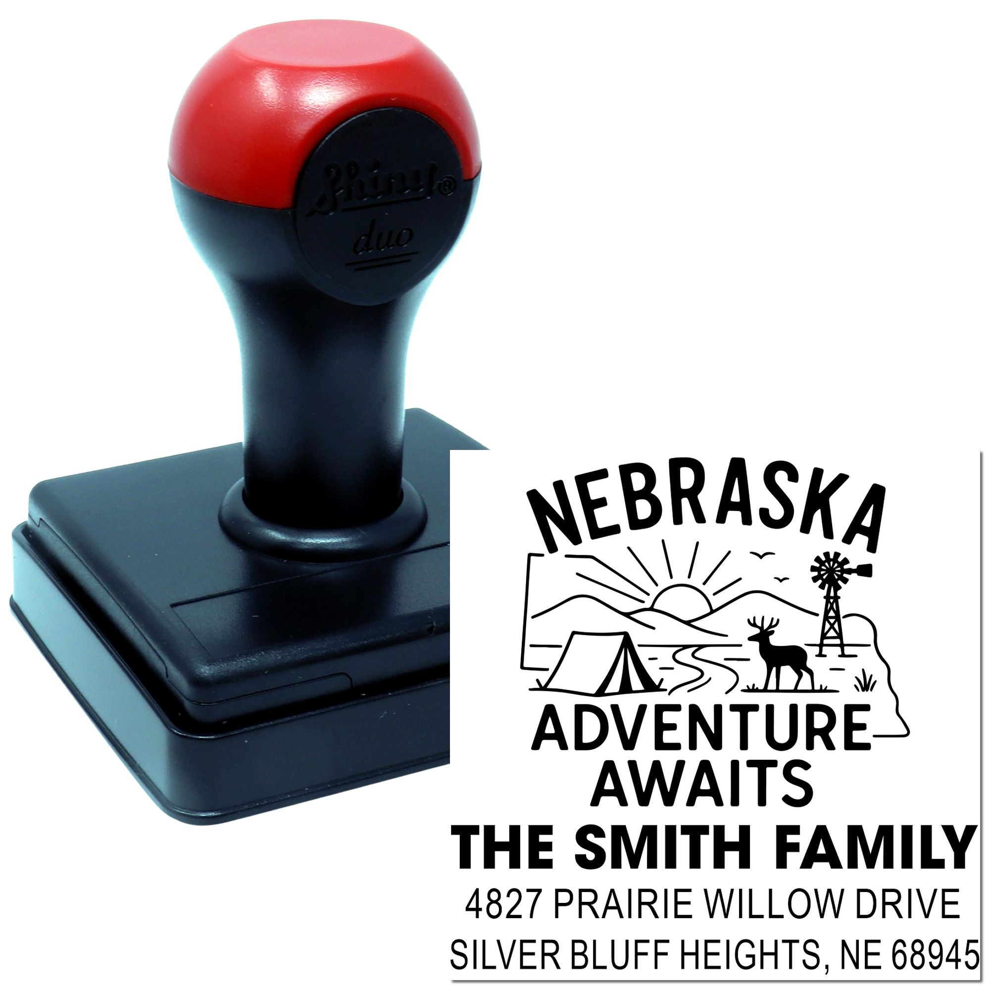 Custom self-inking rubber stamp with Nebraska Adventure Awaits family return address design.