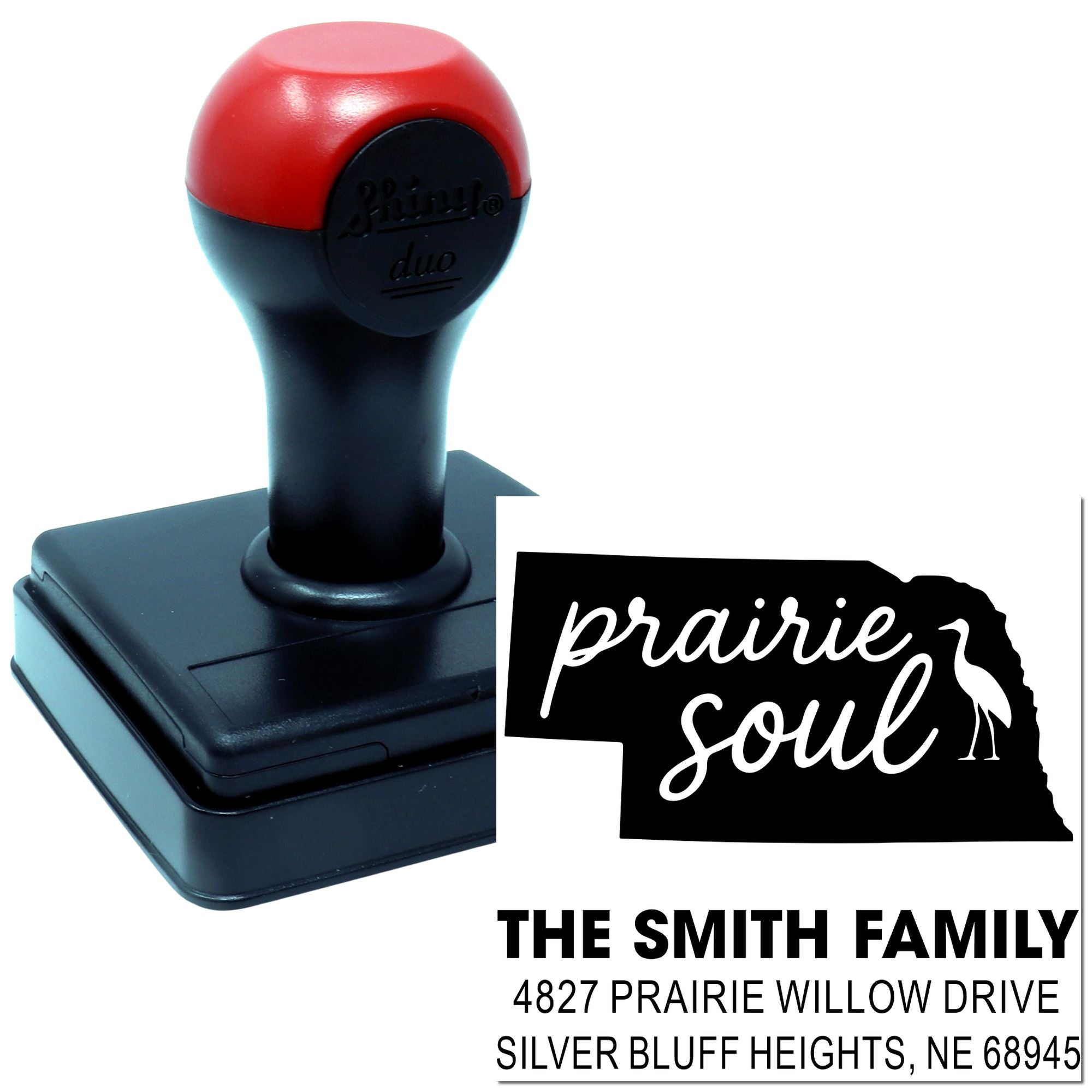 Custom self-inking rubber address stamp with Prairie Soul return address design for The Smith Family.