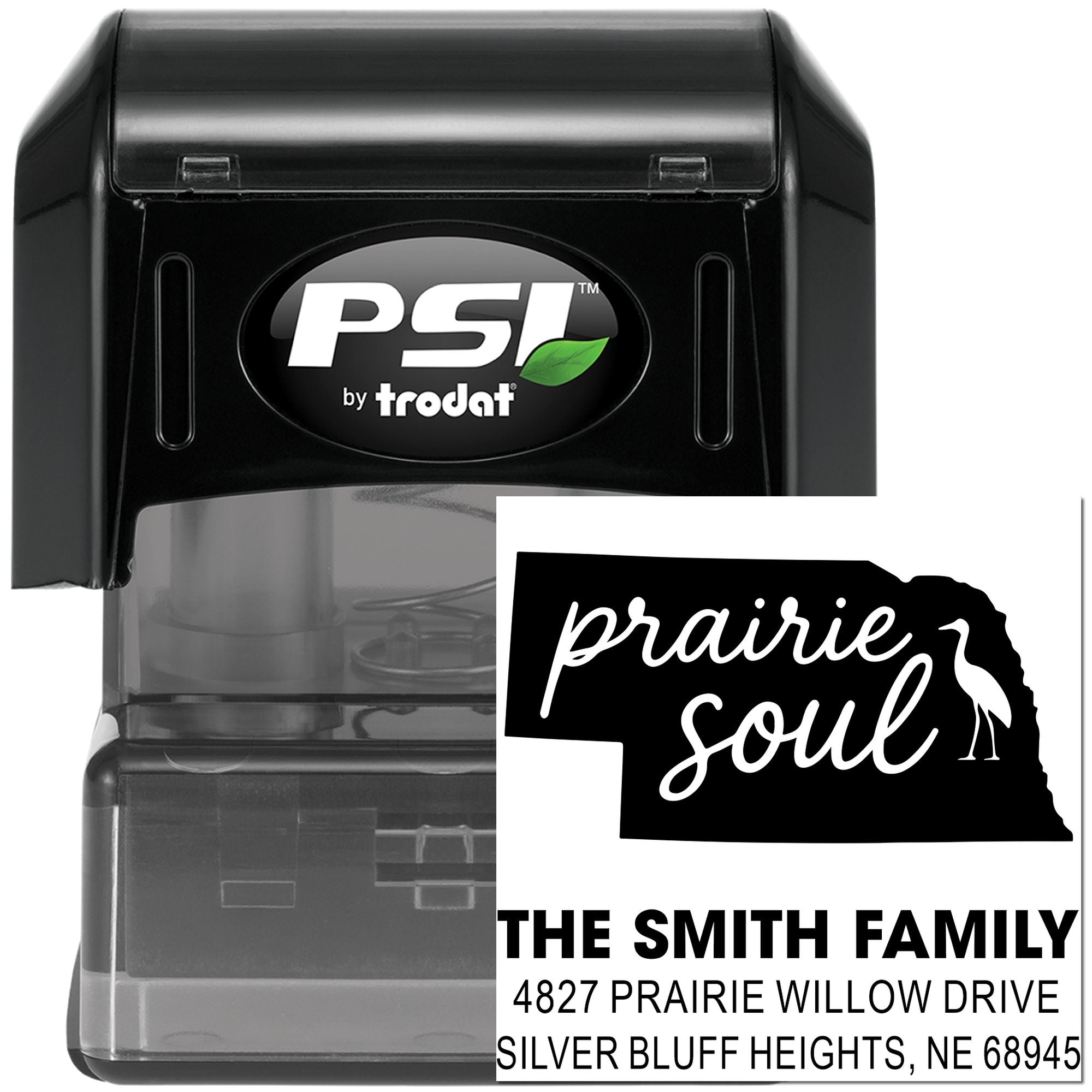 PSI by Trodat self-inking custom return address stamp with Prairie Soul design and Smith family address imprint.