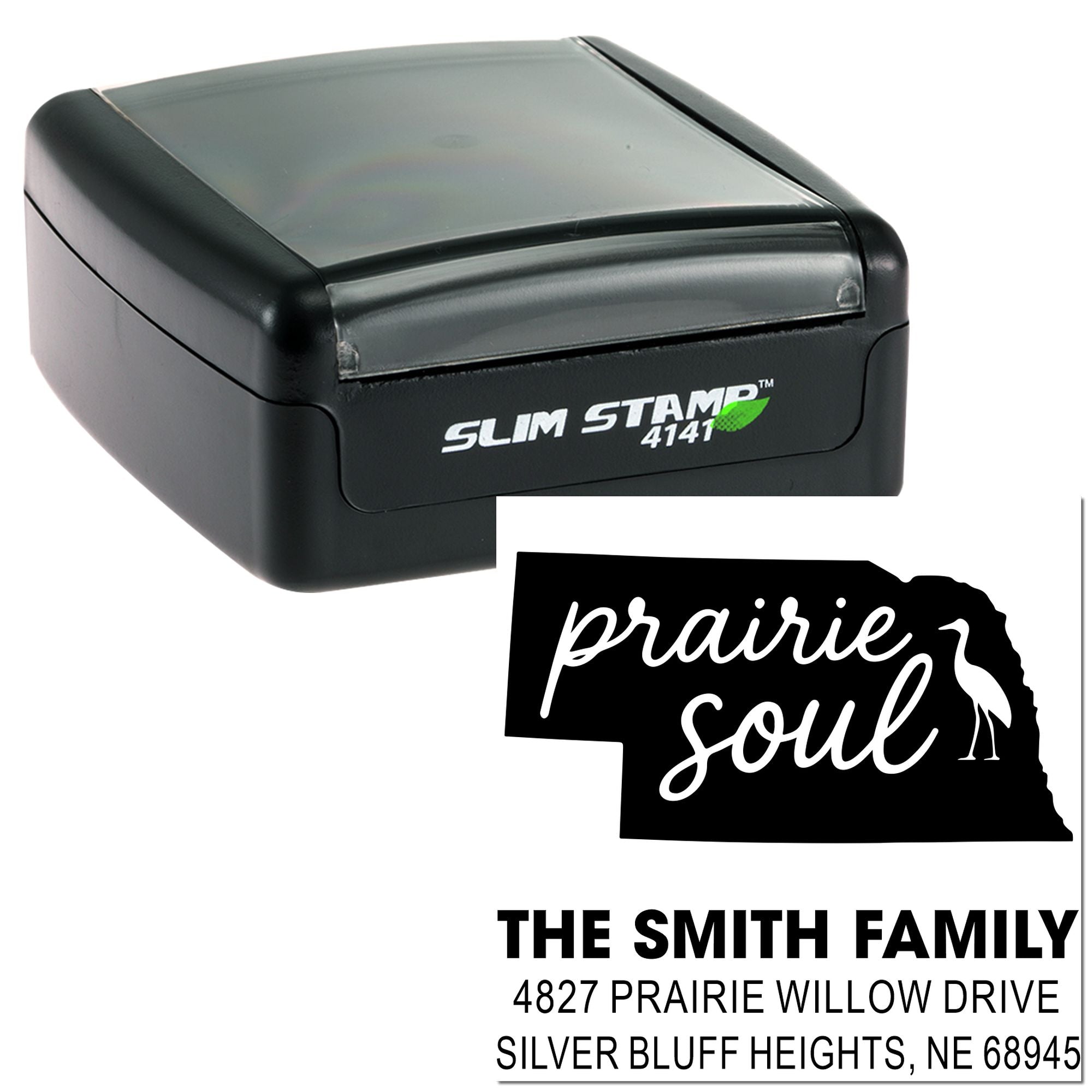Custom self-inking Slim Stamp return address rubber stamp with Prairie Soul design for The Smith Family.