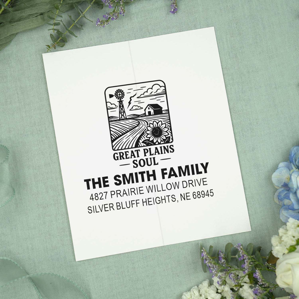 Custom family return address rubber stamp with prairie farm design and Smith family address for personalized mailings.