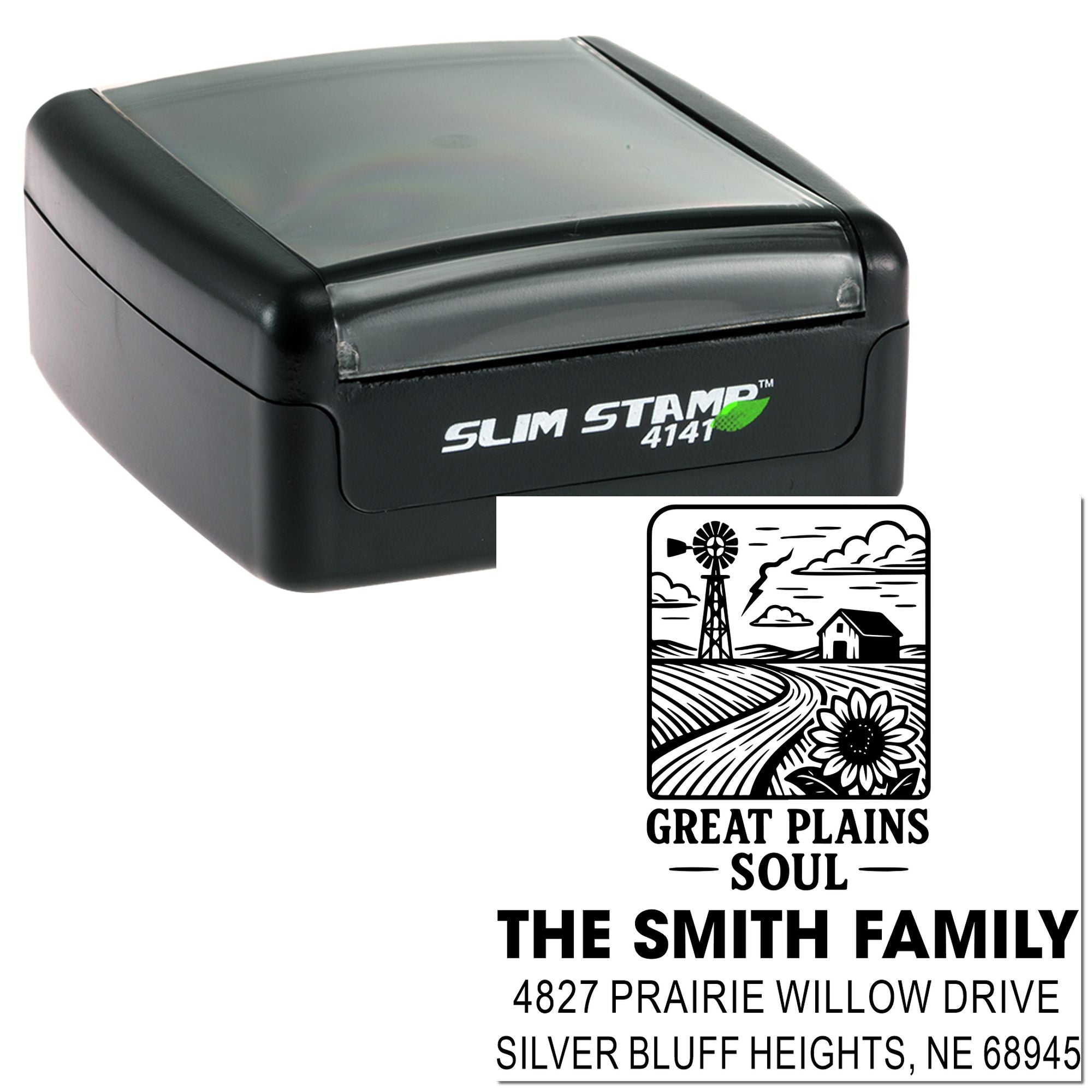 Custom self-inking return address rubber stamp for The Smith Family, featuring Great Plains Soul design and mailing address.