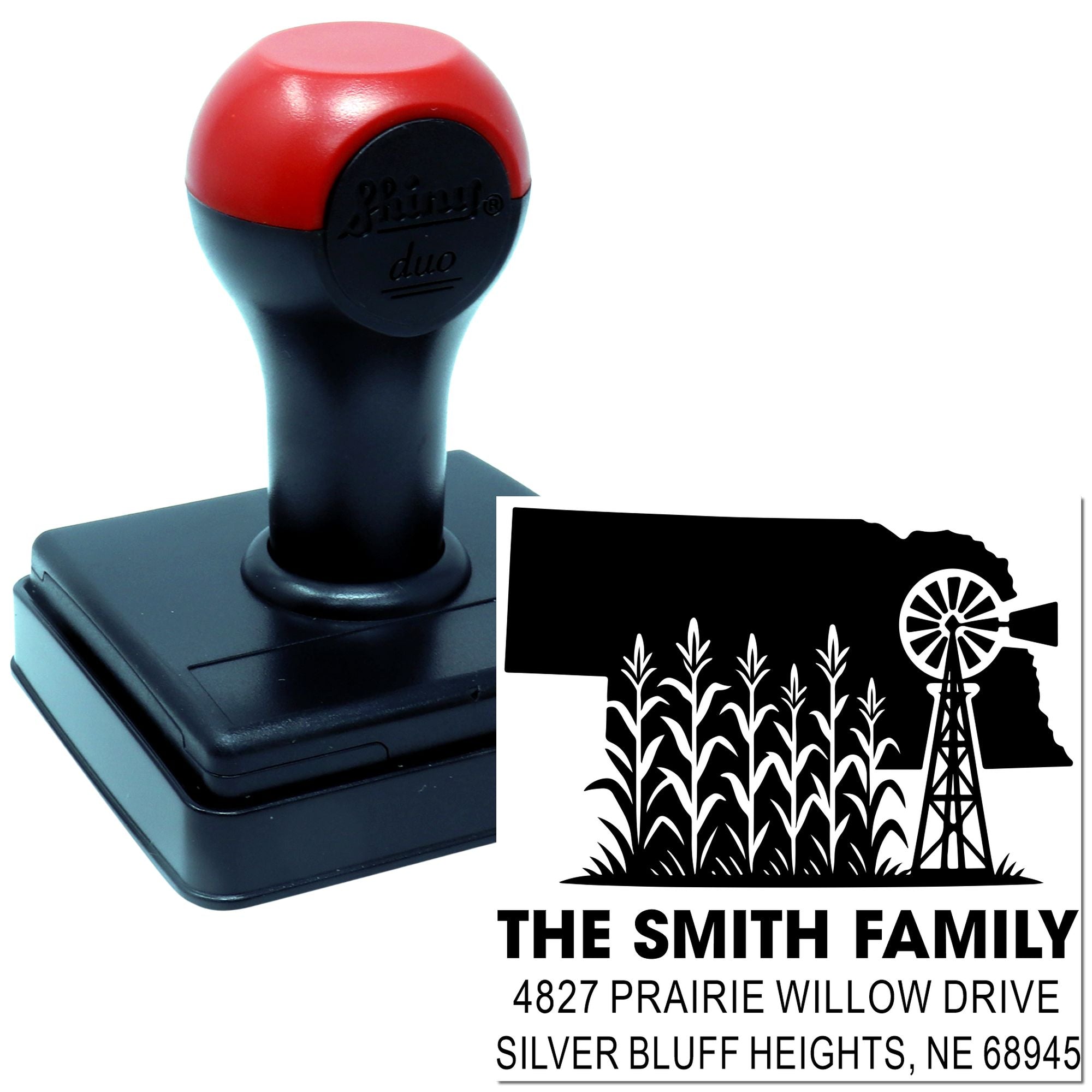Personalized self-inking rubber address stamp with farm silhouette, The Smith Family name, and Prairie Willow Drive.