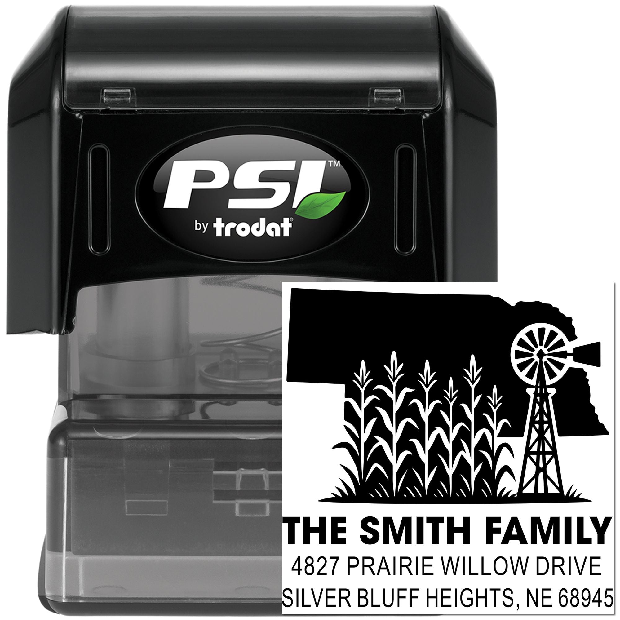 PSI by Trodat self-inking custom return address rubber stamp with farm windmill design and family name
