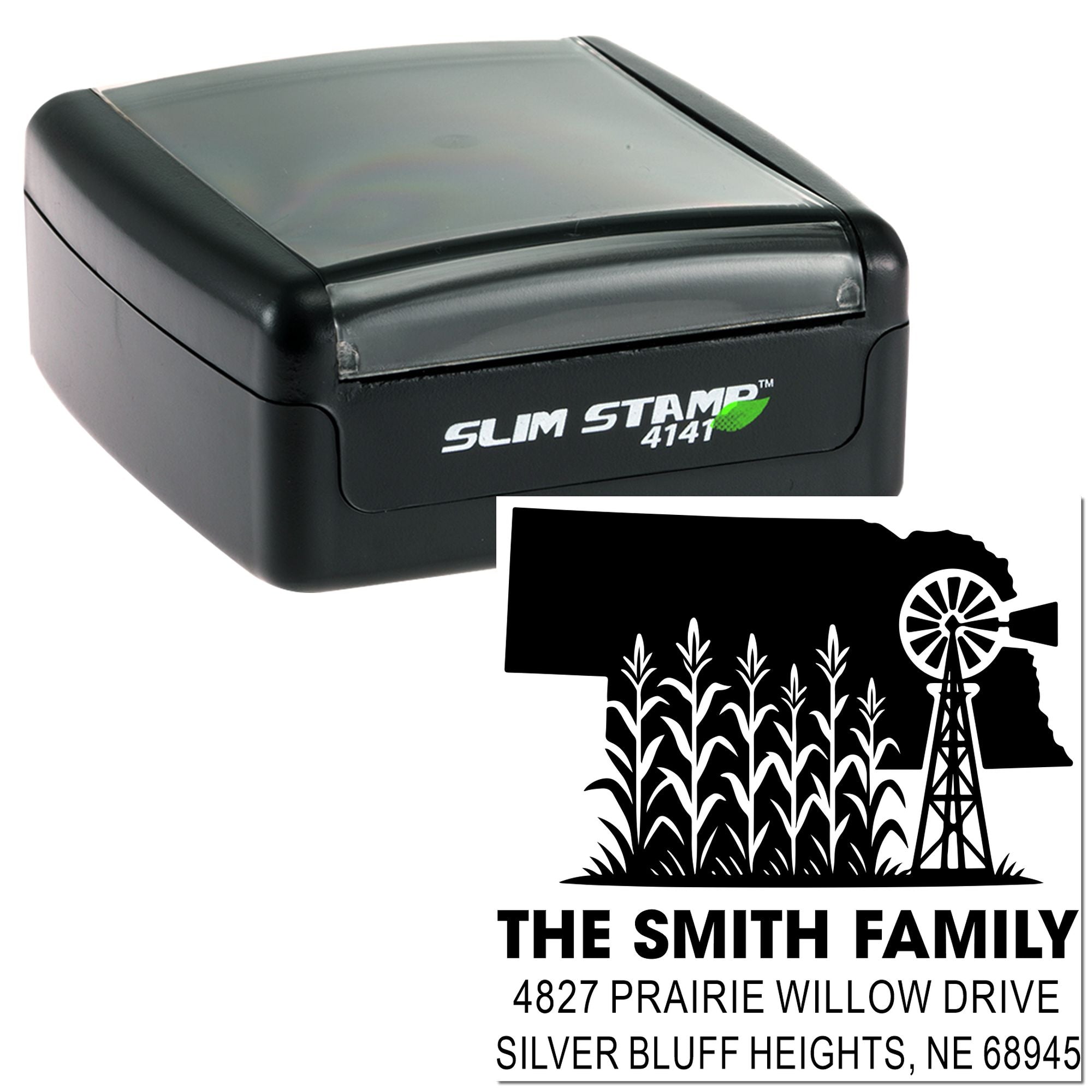 Slim self-inking rubber stamp with custom family address design and farm windmill logo for mail and return addresses.