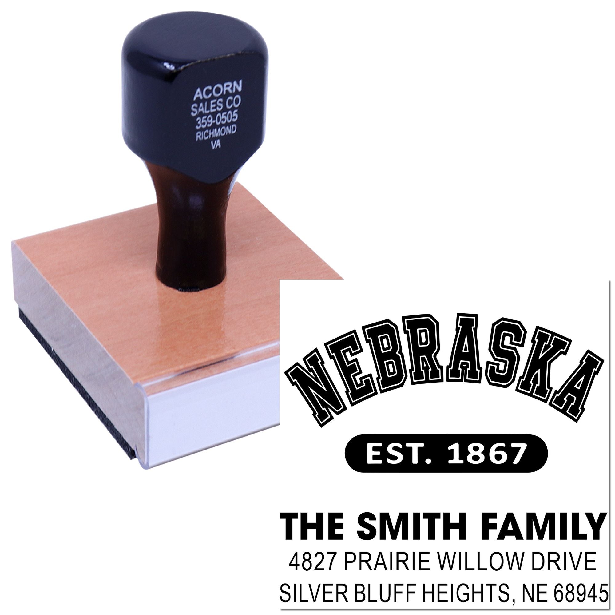 Personalized Nebraska address rubber stamp for family mail, featuring The Smith Family and custom return address.