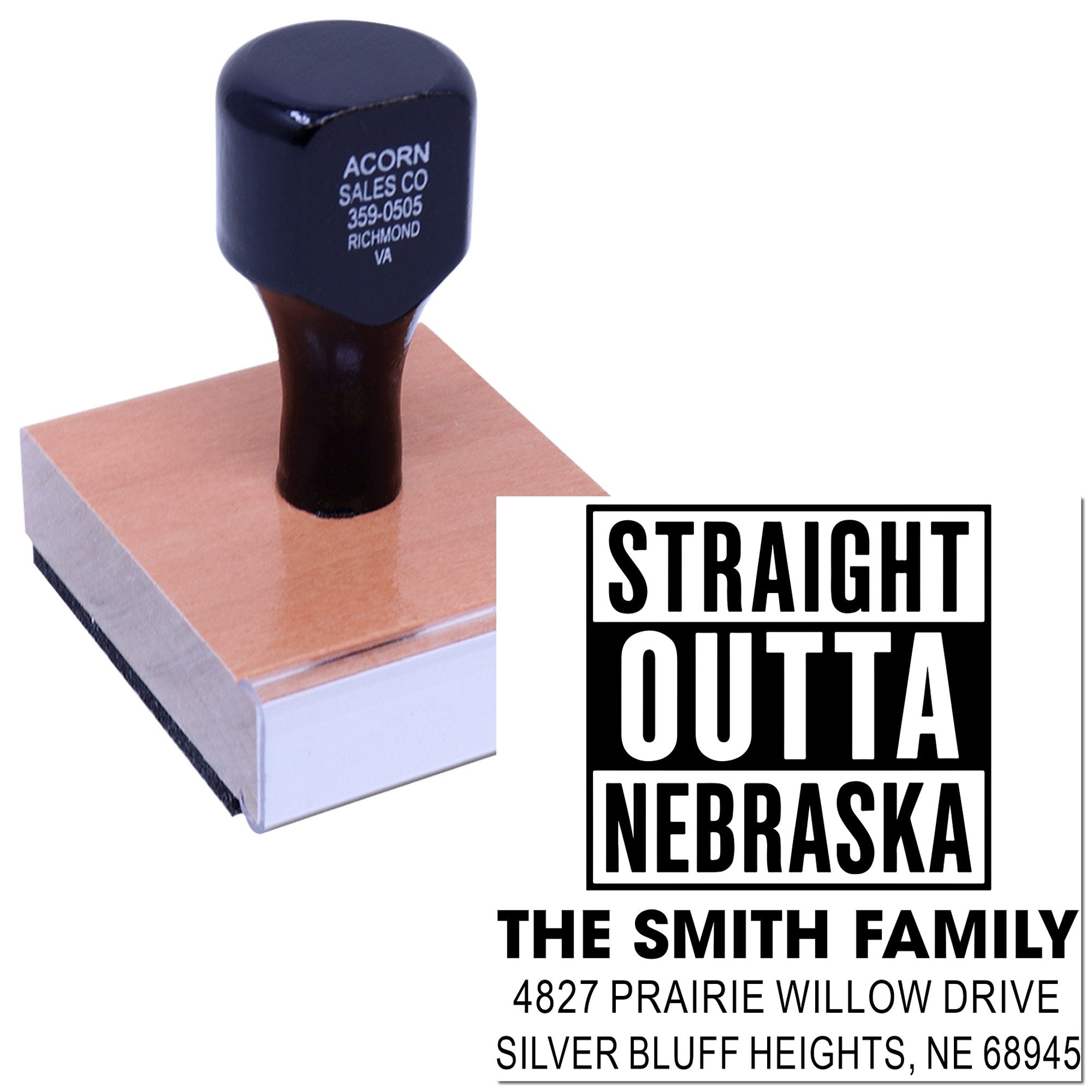 Custom family address rubber stamp featuring Straight Outta Nebraska design for The Smith Family mailings.