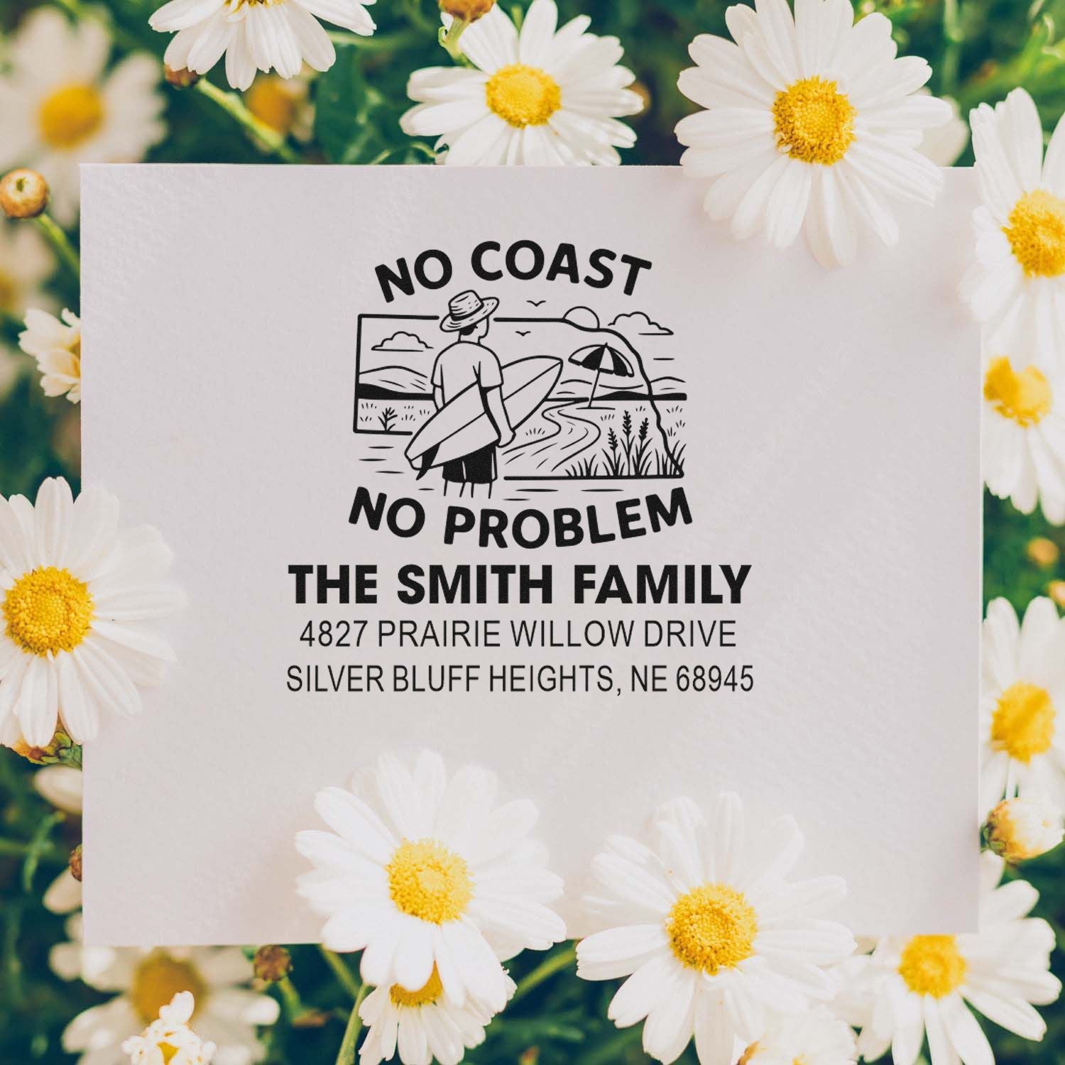 Personalized return address rubber stamp for The Smith Family with No Coast No Problem surf design.