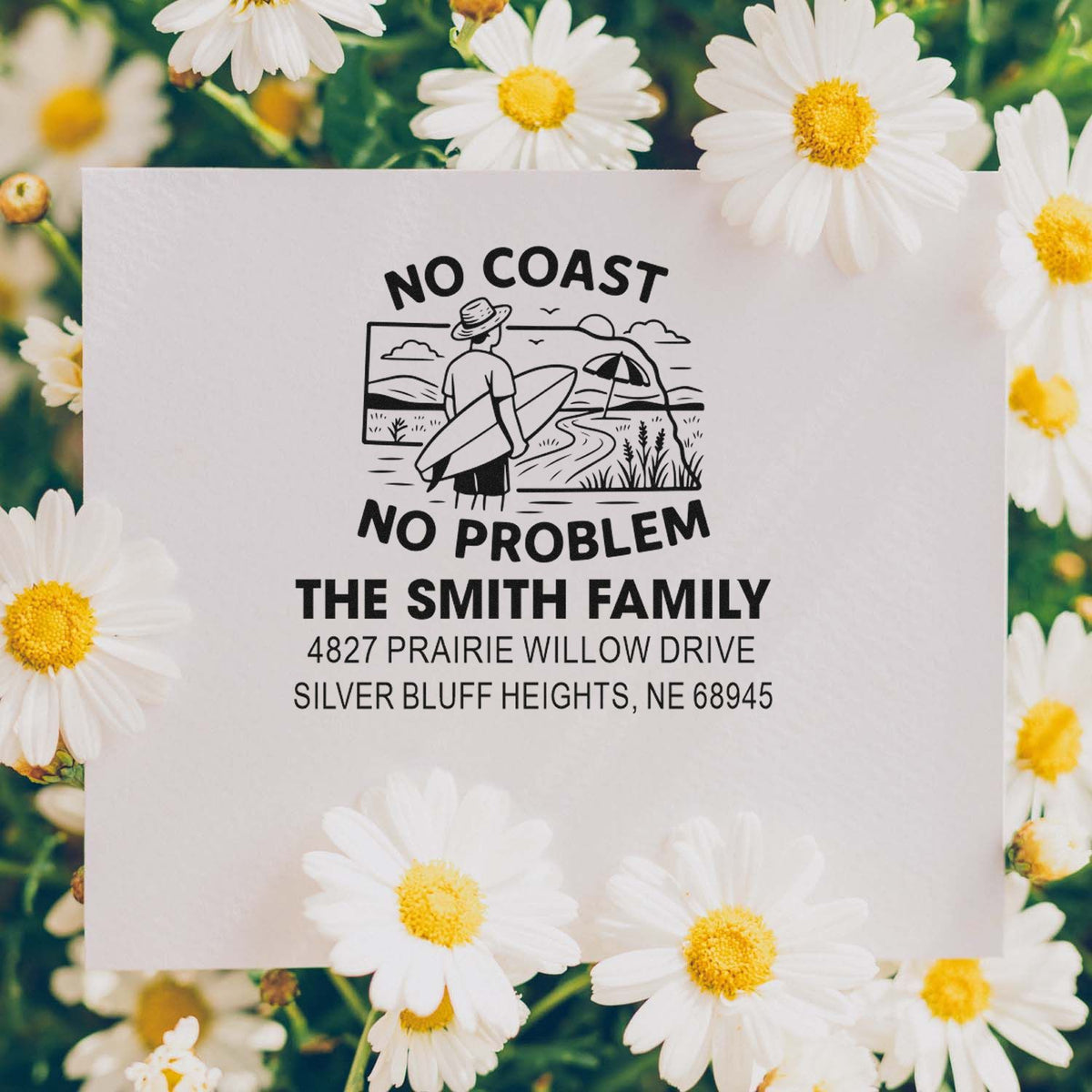 Personalized beach-themed rubber address stamp with No Coast No Problem surfer design for the Smith family.