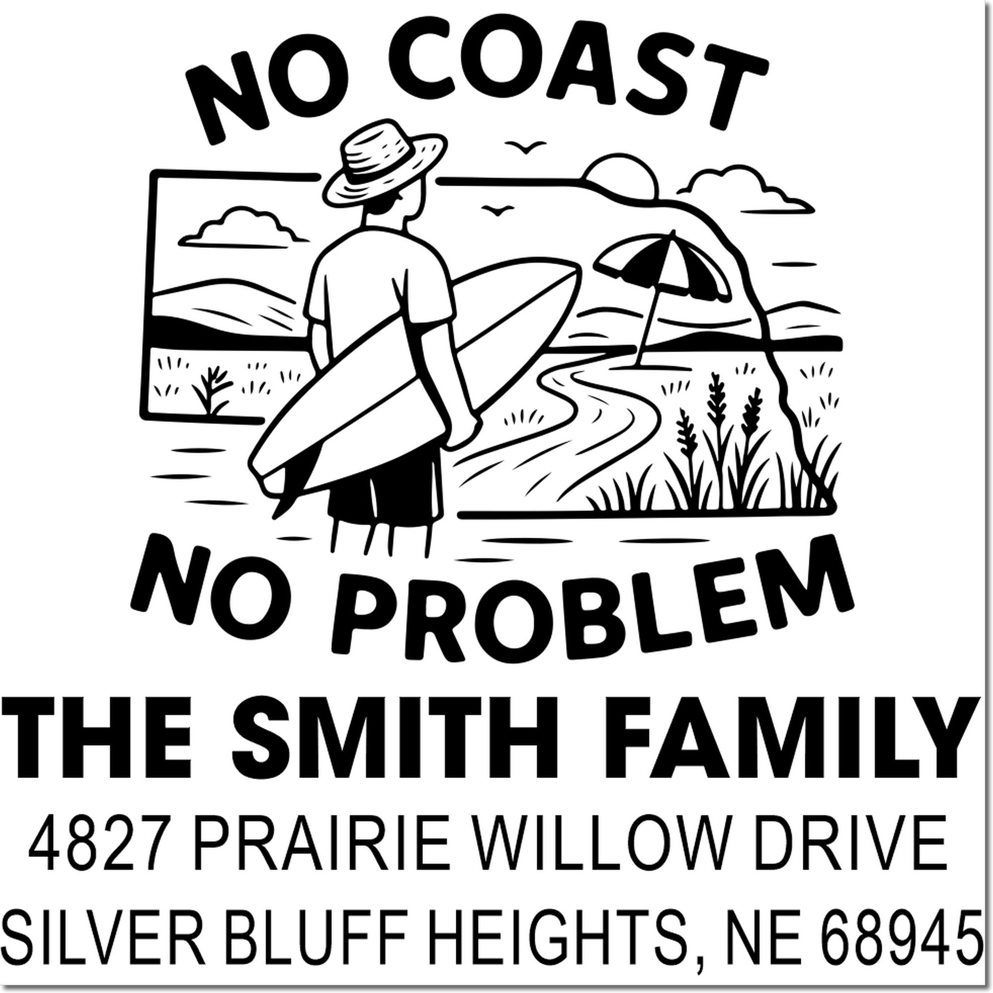 Custom surf-themed return address rubber stamp for The Smith Family, featuring No Coast No Problem design.