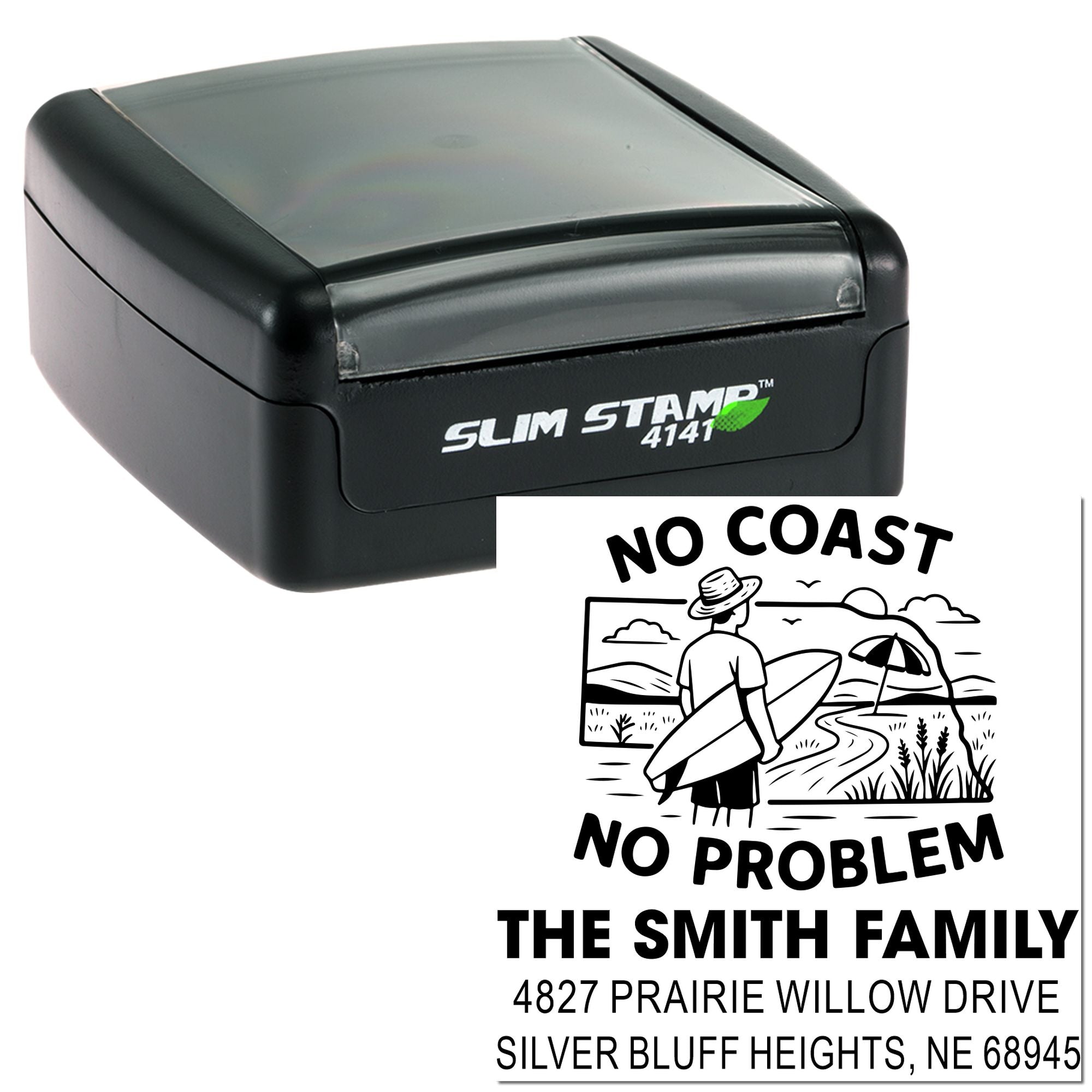 Custom self-inking rubber stamp with beach design and personalized address for The Smith Family, No Coast No Problem stamp.