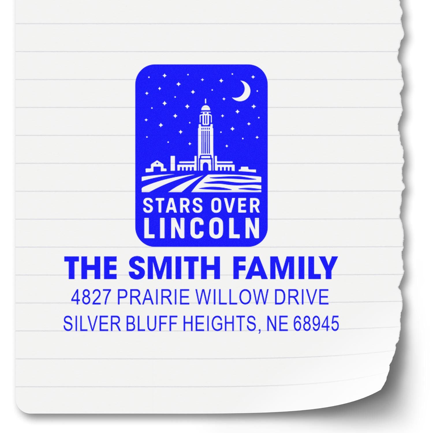 Custom rubber address stamp with Stars Over Lincoln design for The Smith Family in Silver Bluff Heights, NE.