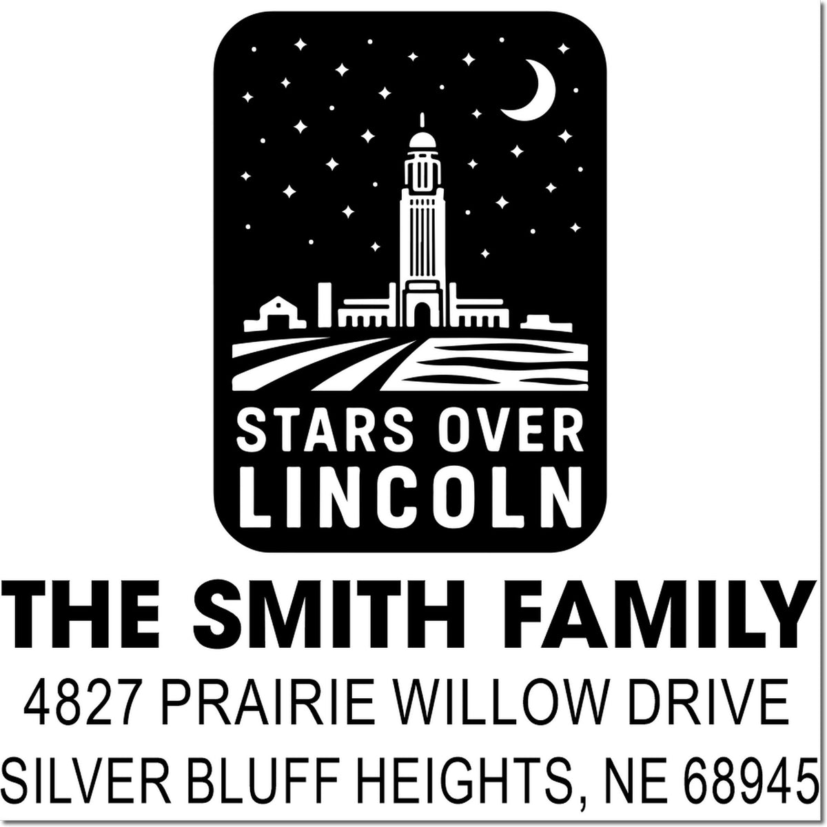 Custom Stars Over Lincoln return address rubber stamp with skyline design for The Smith Family, Silver Bluff Heights, NE 68945