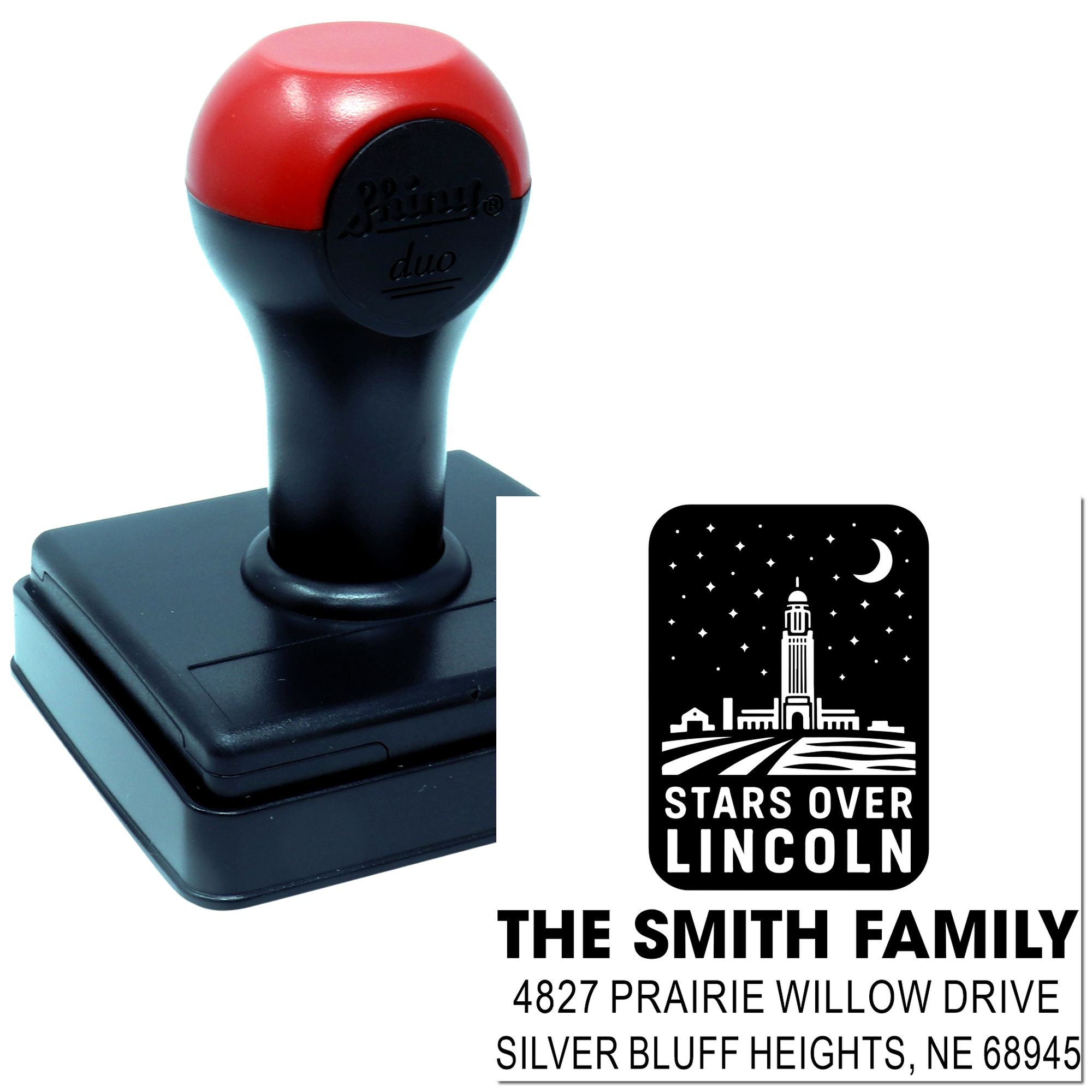 Custom self-inking rubber return address stamp with Stars Over Lincoln design for The Smith Family.