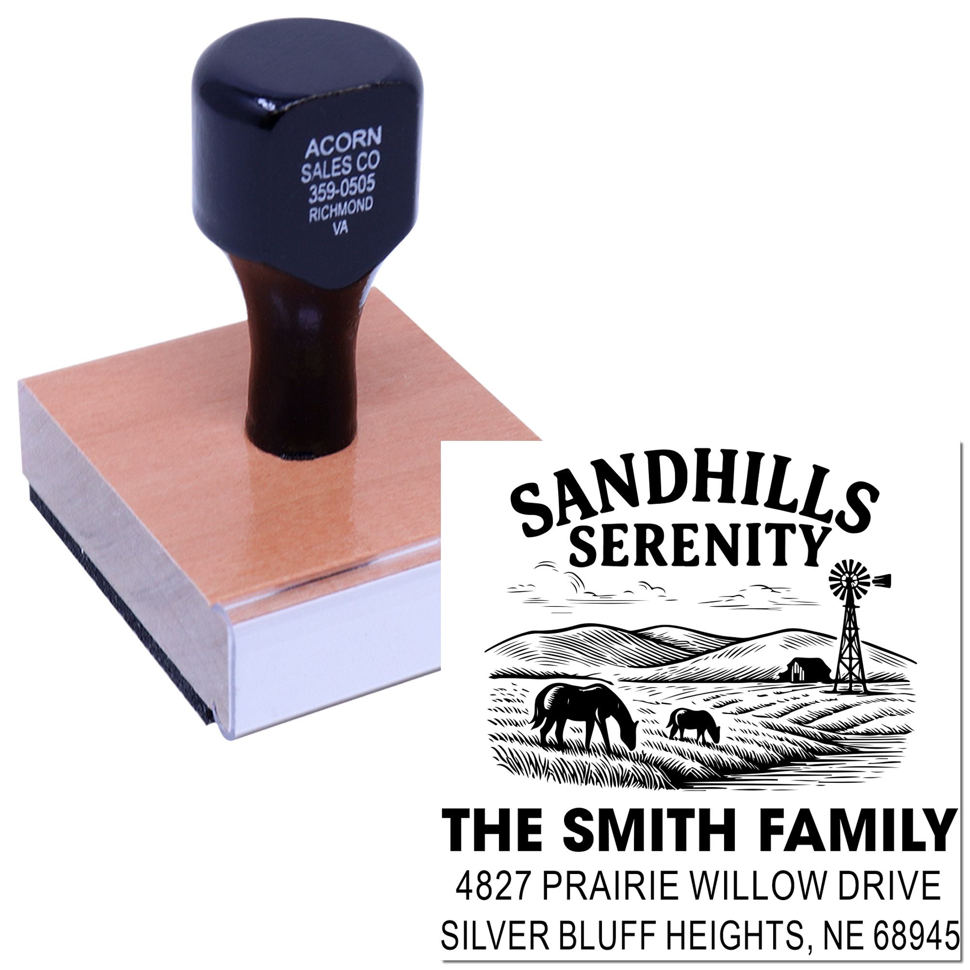 Custom address rubber stamp with ranch logo for The Smith Family, ideal for personalized envelopes, mail, and small business branding.