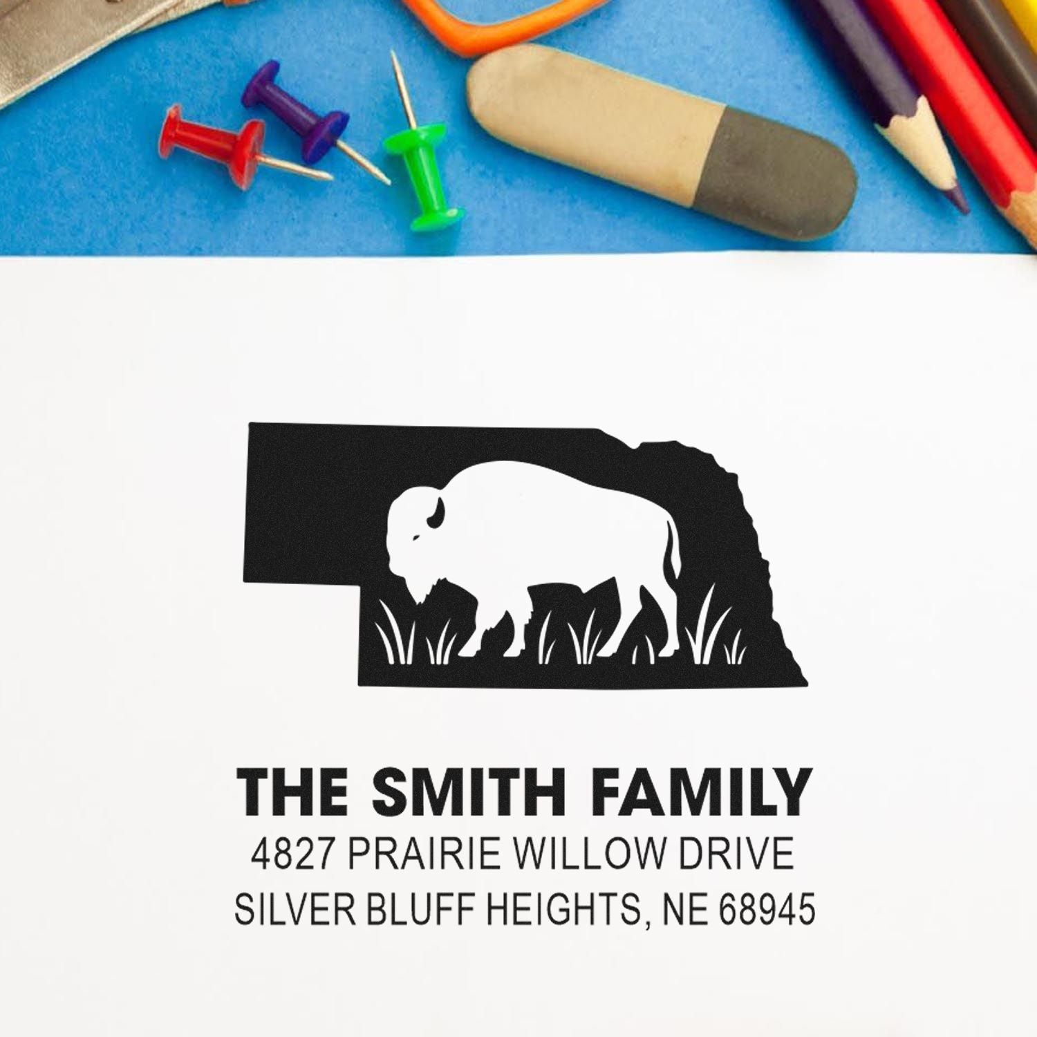 Custom return address rubber stamp for The Smith Family, featuring a Nebraska bison silhouette for personalized mailing and stationery.