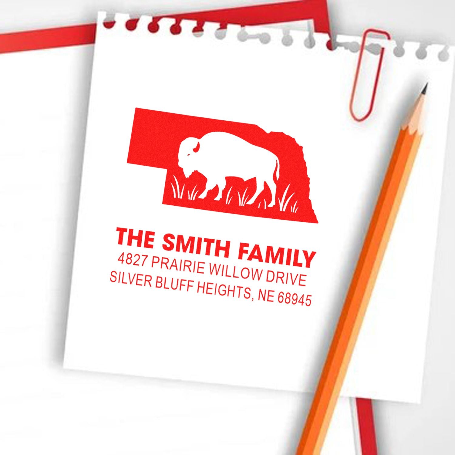Personalized Nebraska bison return address rubber stamp for The Smith Family with custom name and mailing address.