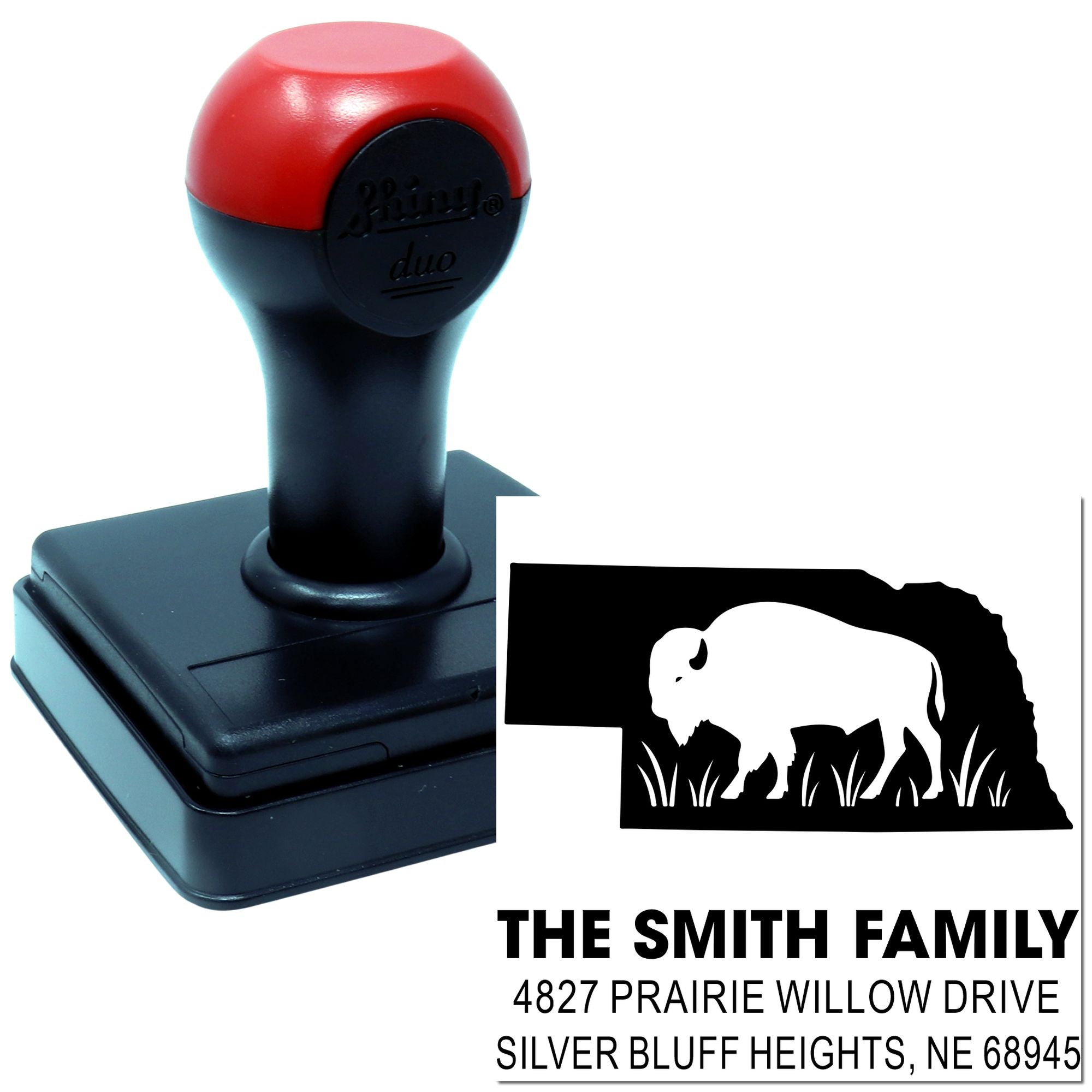 Custom self-inking rubber address stamp with bison design for The Smith Family return address.
