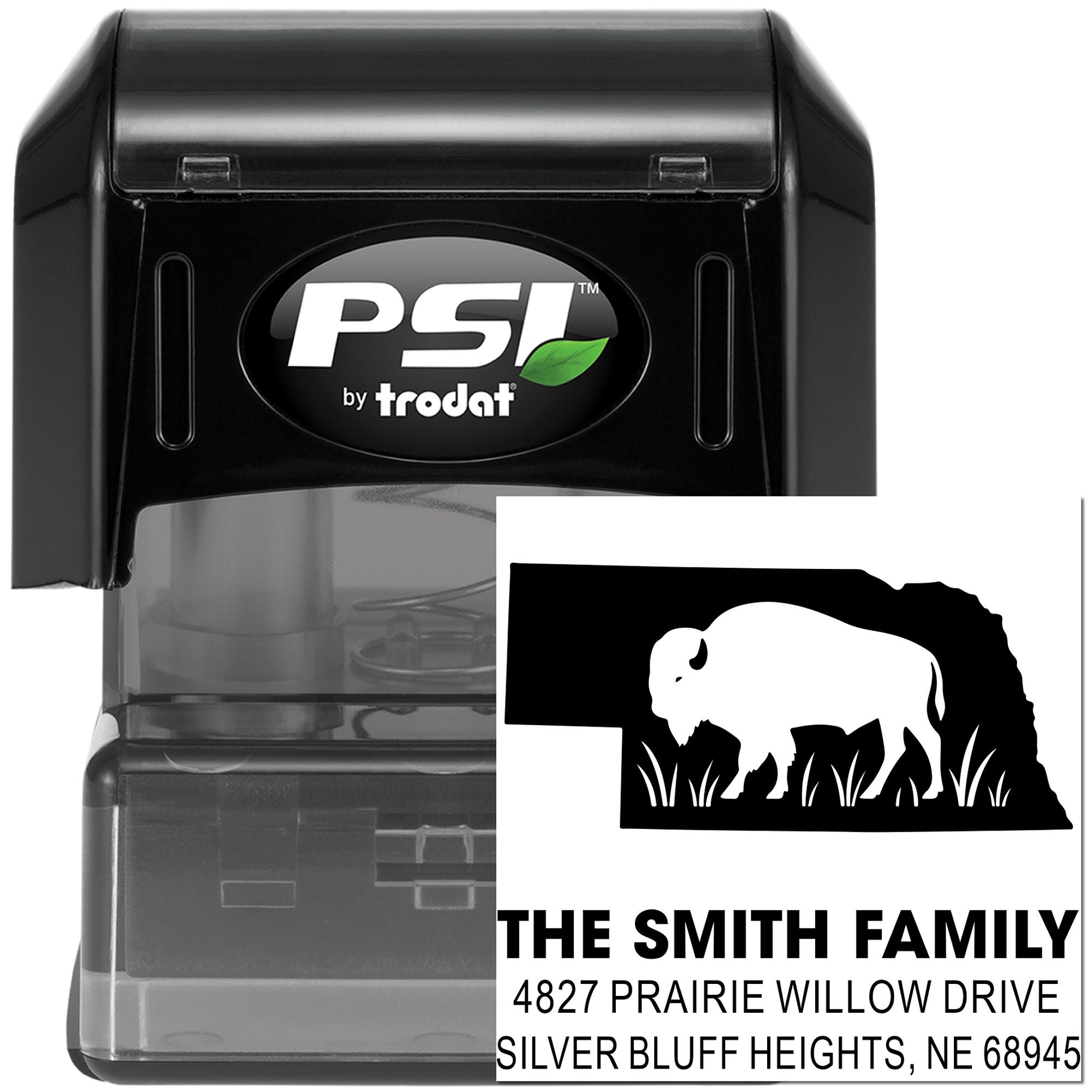 Self-inking custom address rubber stamp by PSI by Trodat with buffalo family design for The Smith Family.
