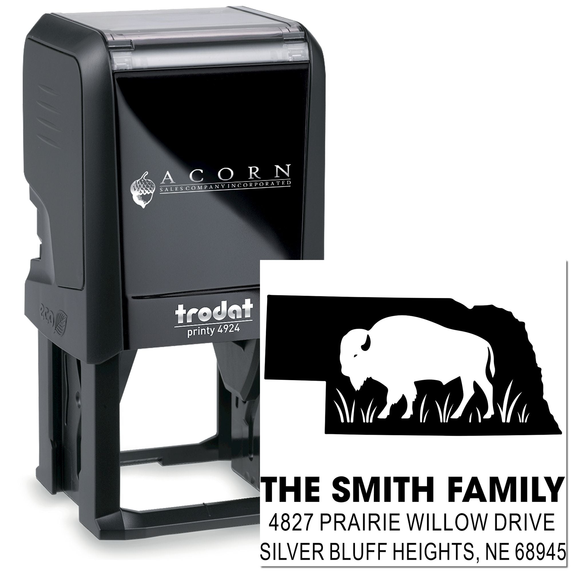 Personalized self-inking address rubber stamp with buffalo logo for The Smith Family, Trodat Printy 4924.