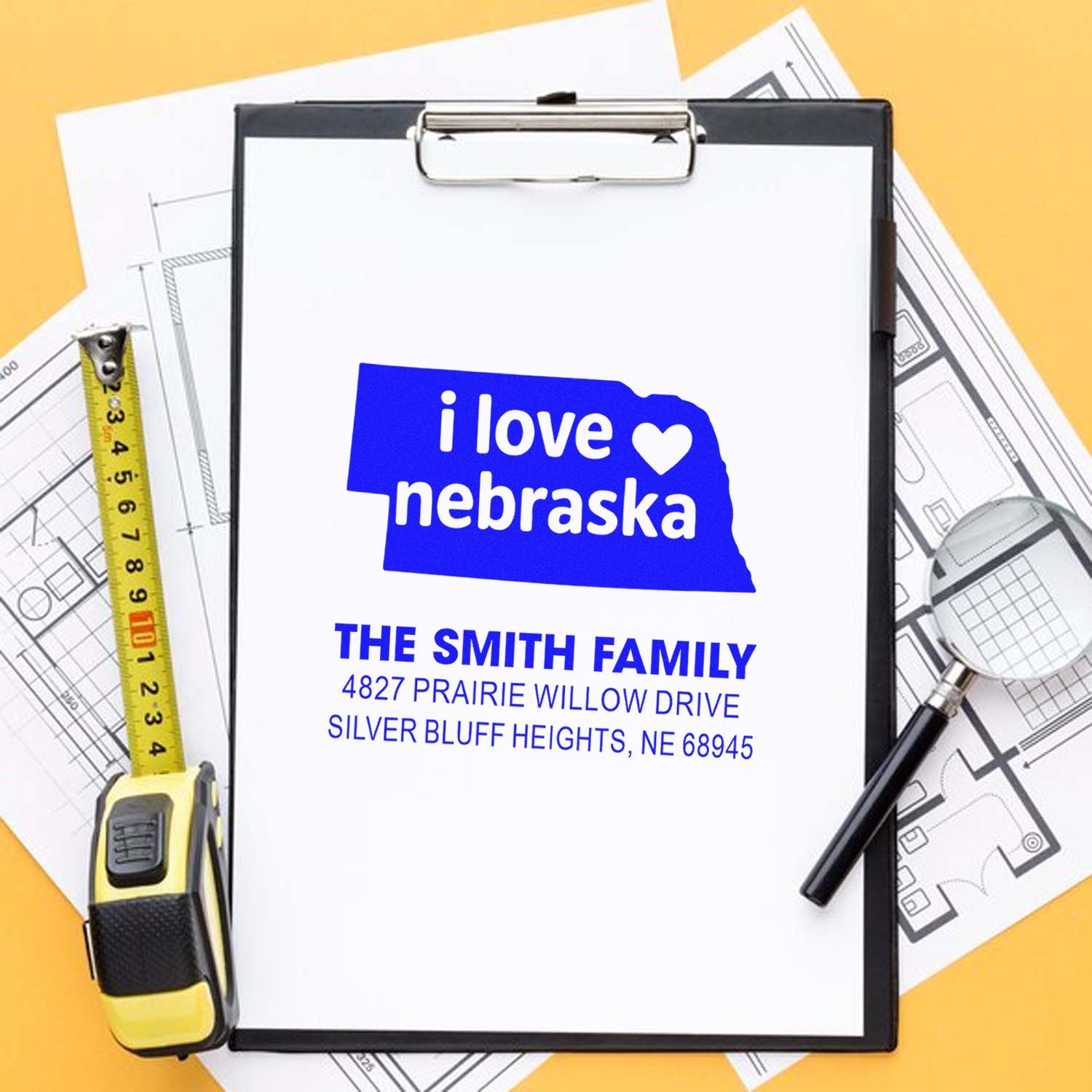 Custom Nebraska return address rubber stamp mockup with I love Nebraska state design
