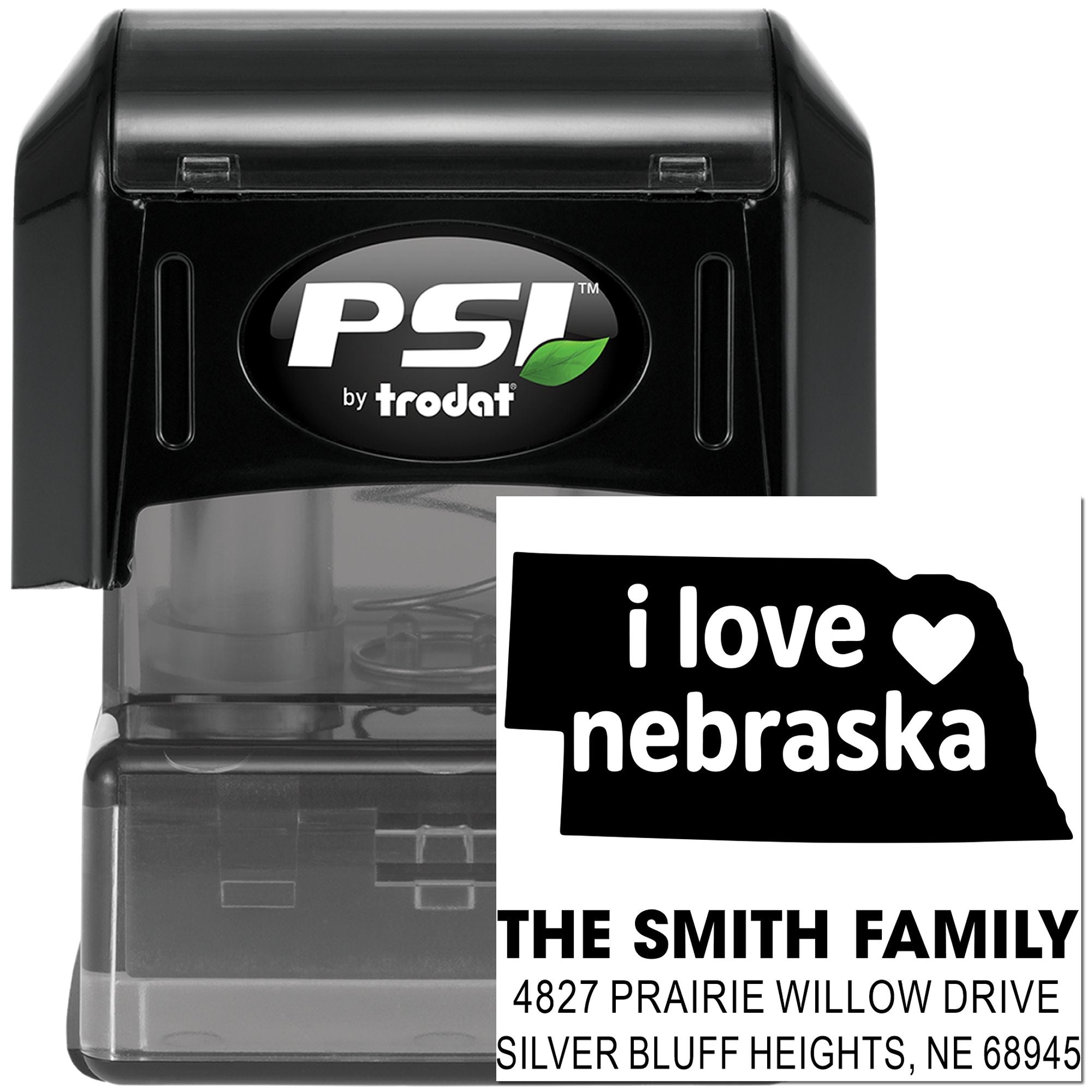 Custom self-inking rubber stamp by PSI Trodat with Nebraska state design and personalized family address imprint.