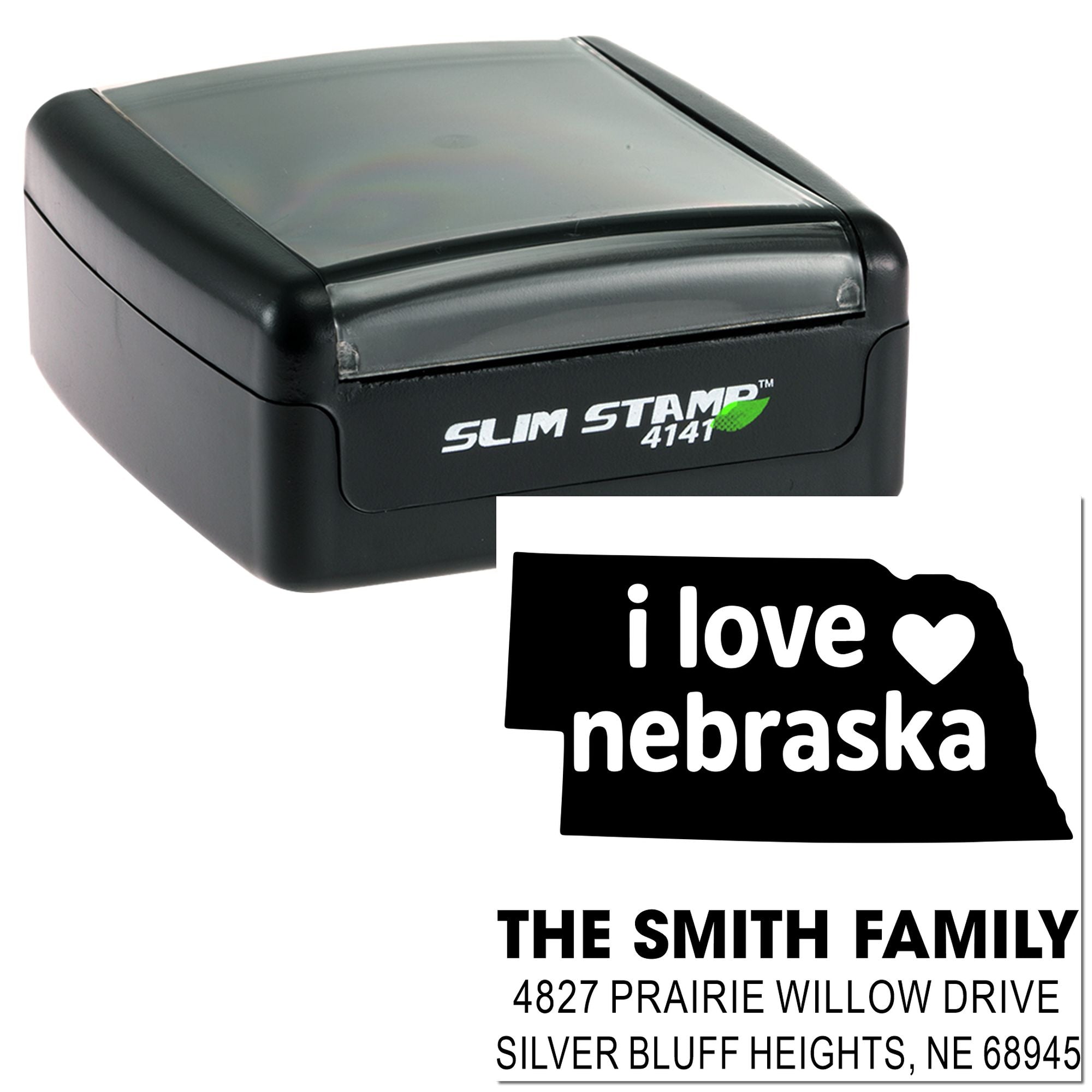 Custom self-inking Nebraska return address rubber stamp with I love Nebraska state design for The Smith Family.