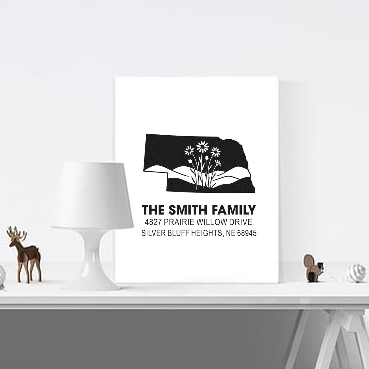 Custom Nebraska family return address rubber stamp with floral state silhouette for personalized mail and stationery