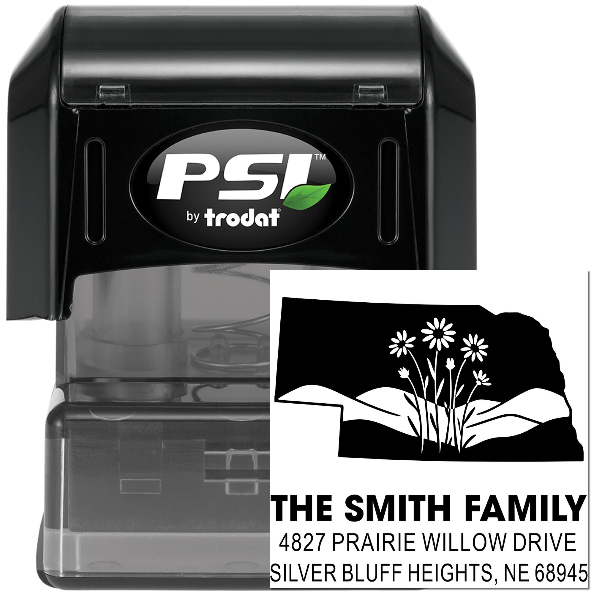 PSI by Trodat self-inking rubber stamp with custom family address imprint and floral design