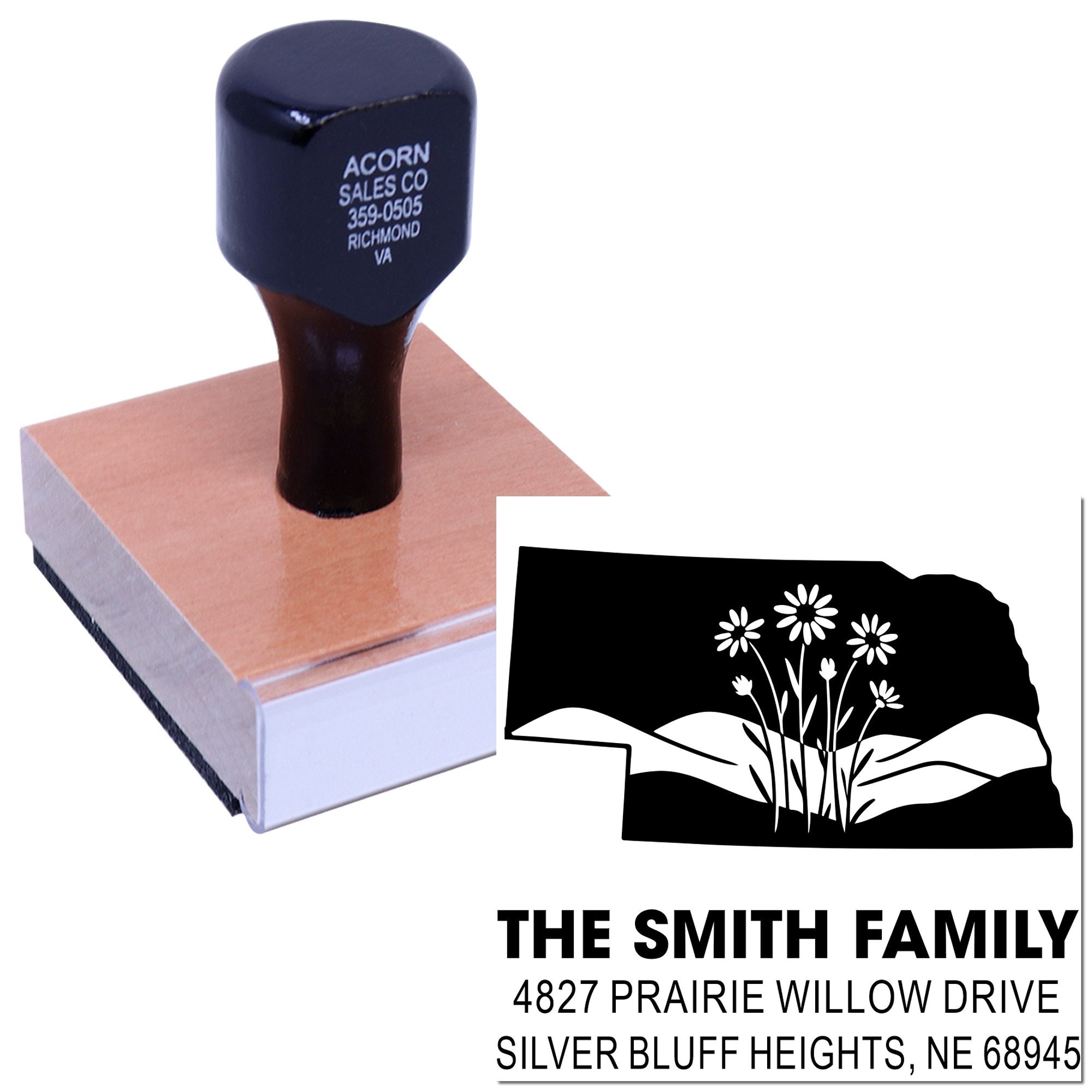 Personalized rubber address stamp featuring family name, address, and floral state graphic.