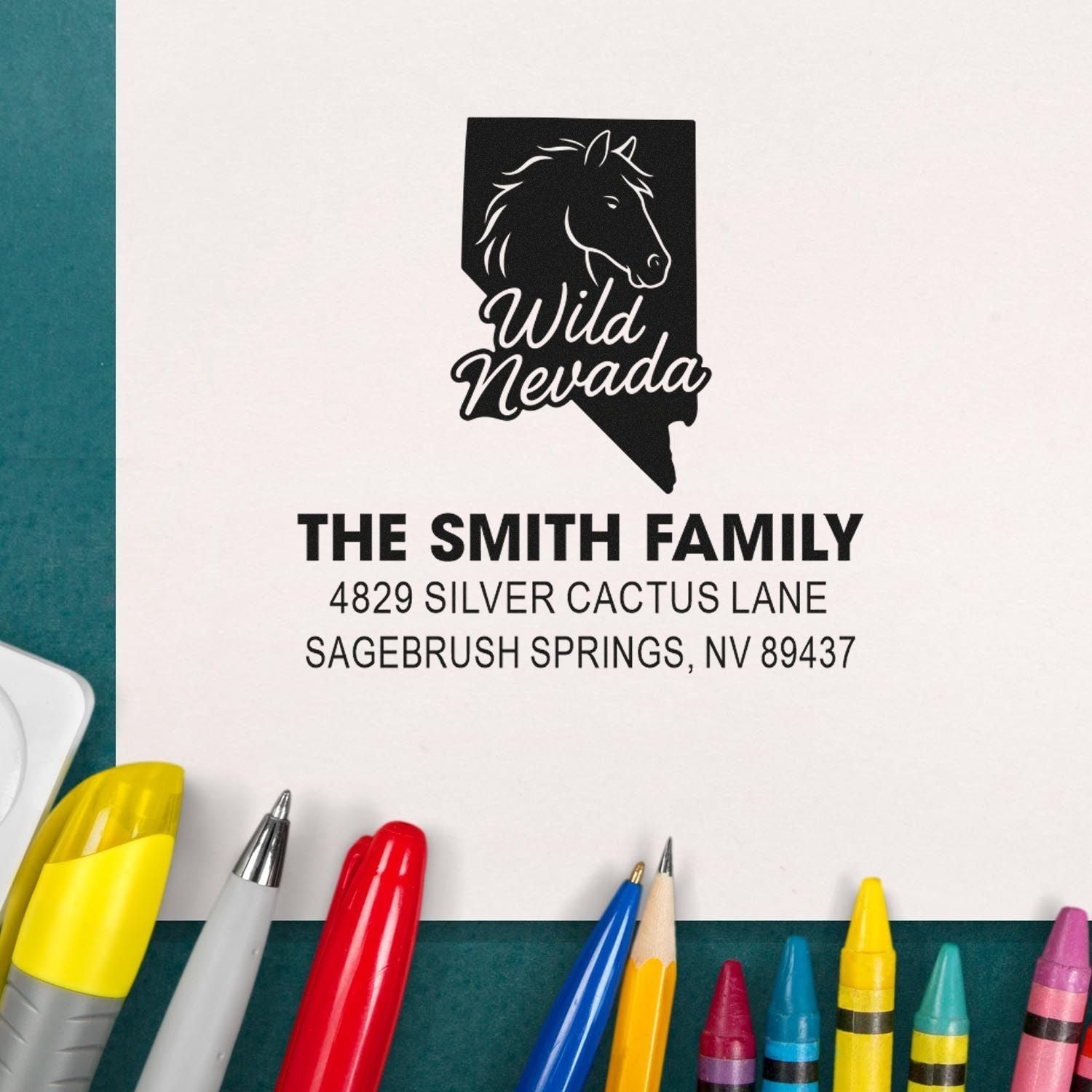 Custom return address rubber stamp with Wild Nevada horse design for The Smith Family in Sagebrush Springs, NV.