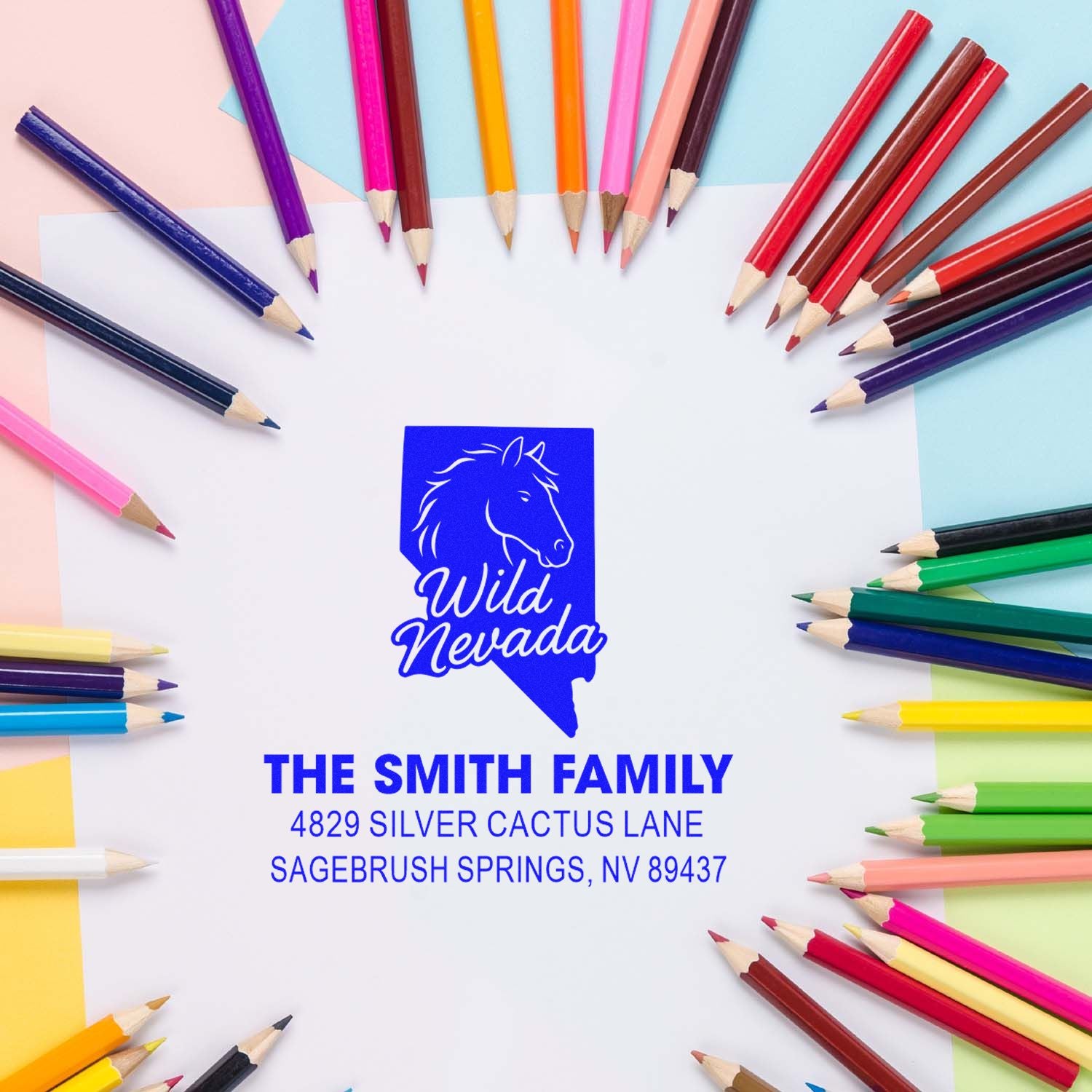 Custom Nevada address rubber stamp with horse logo and family name for personalized mailing.