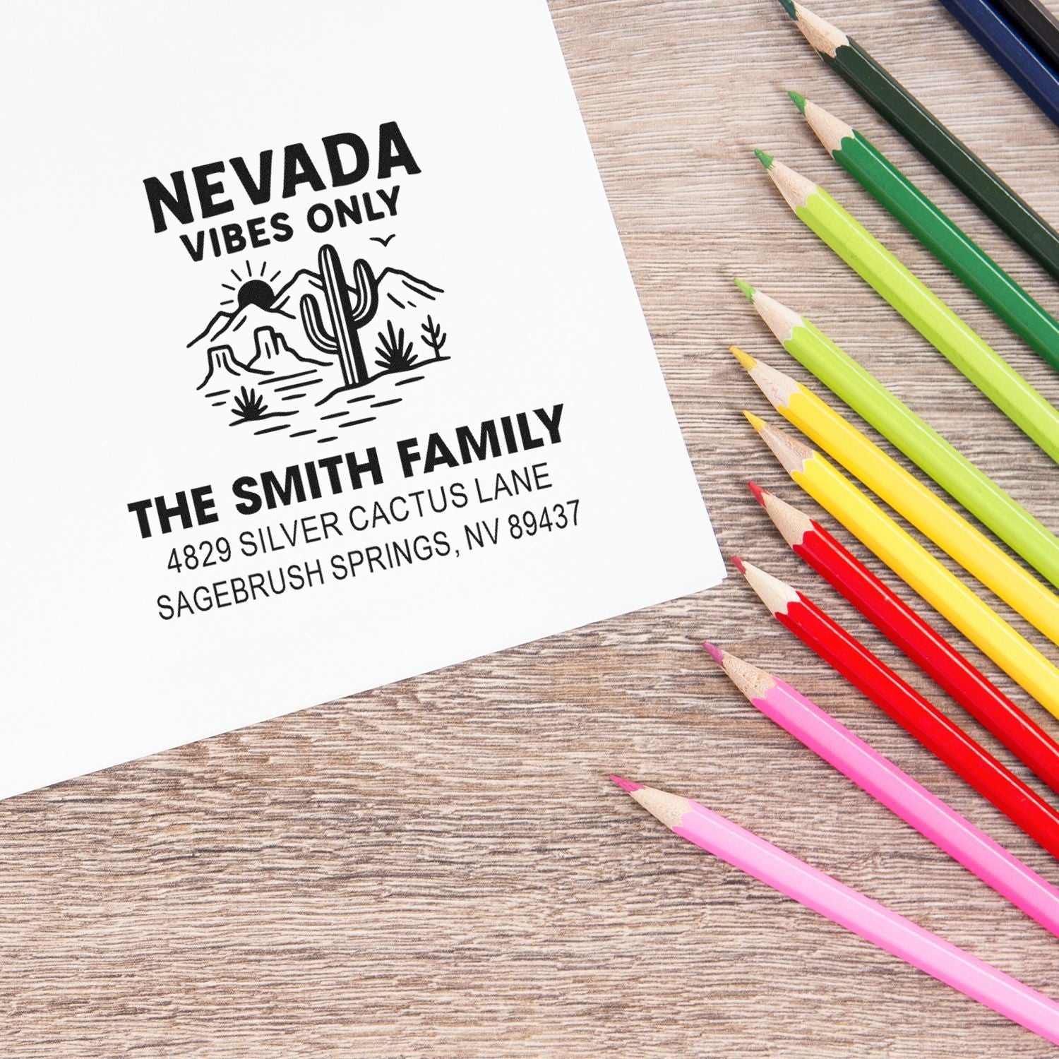 Custom Nevada family return address rubber stamp with cactus design and personalized name and address.