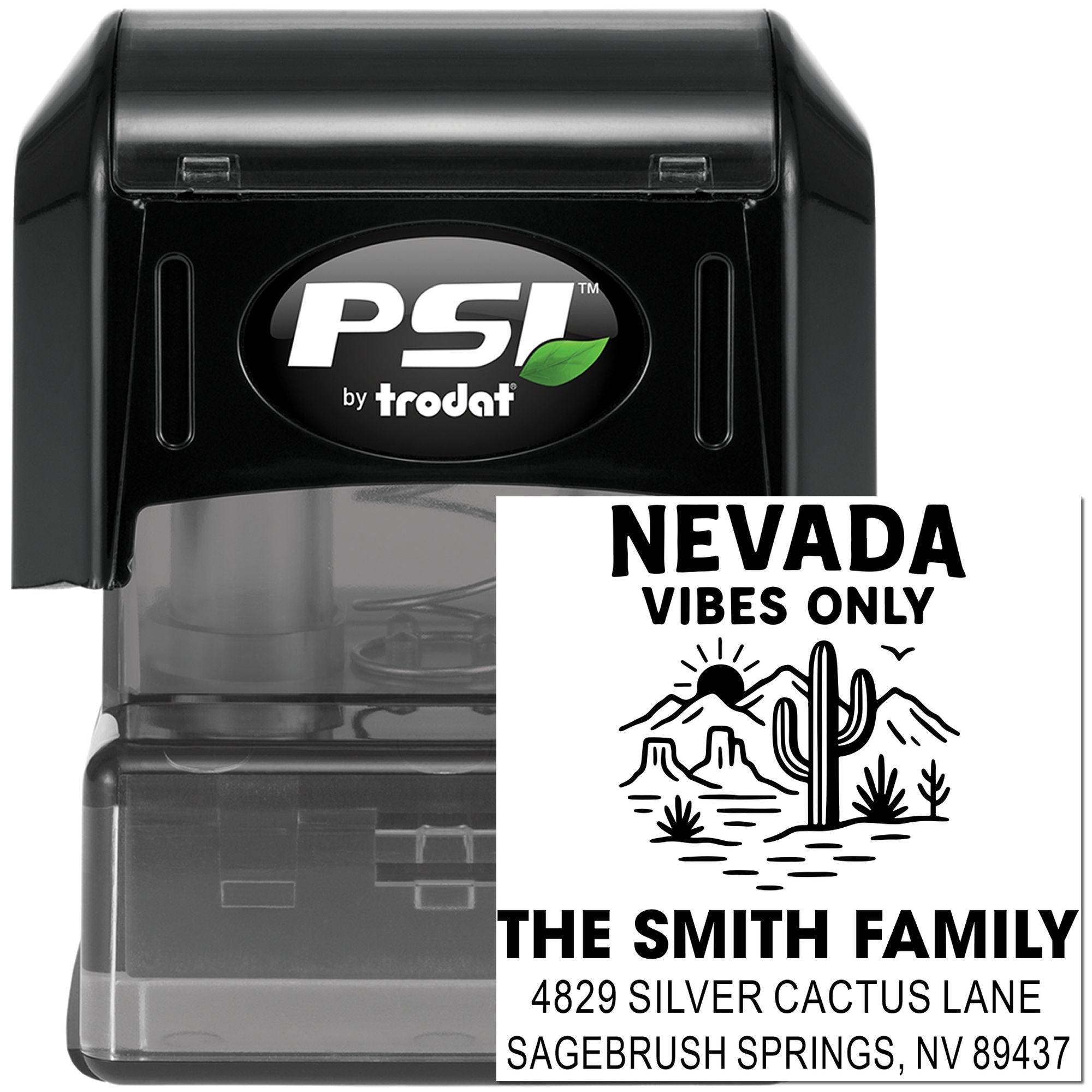 Self-inking custom return address rubber stamp with Nevada cactus design for The Smith Family.