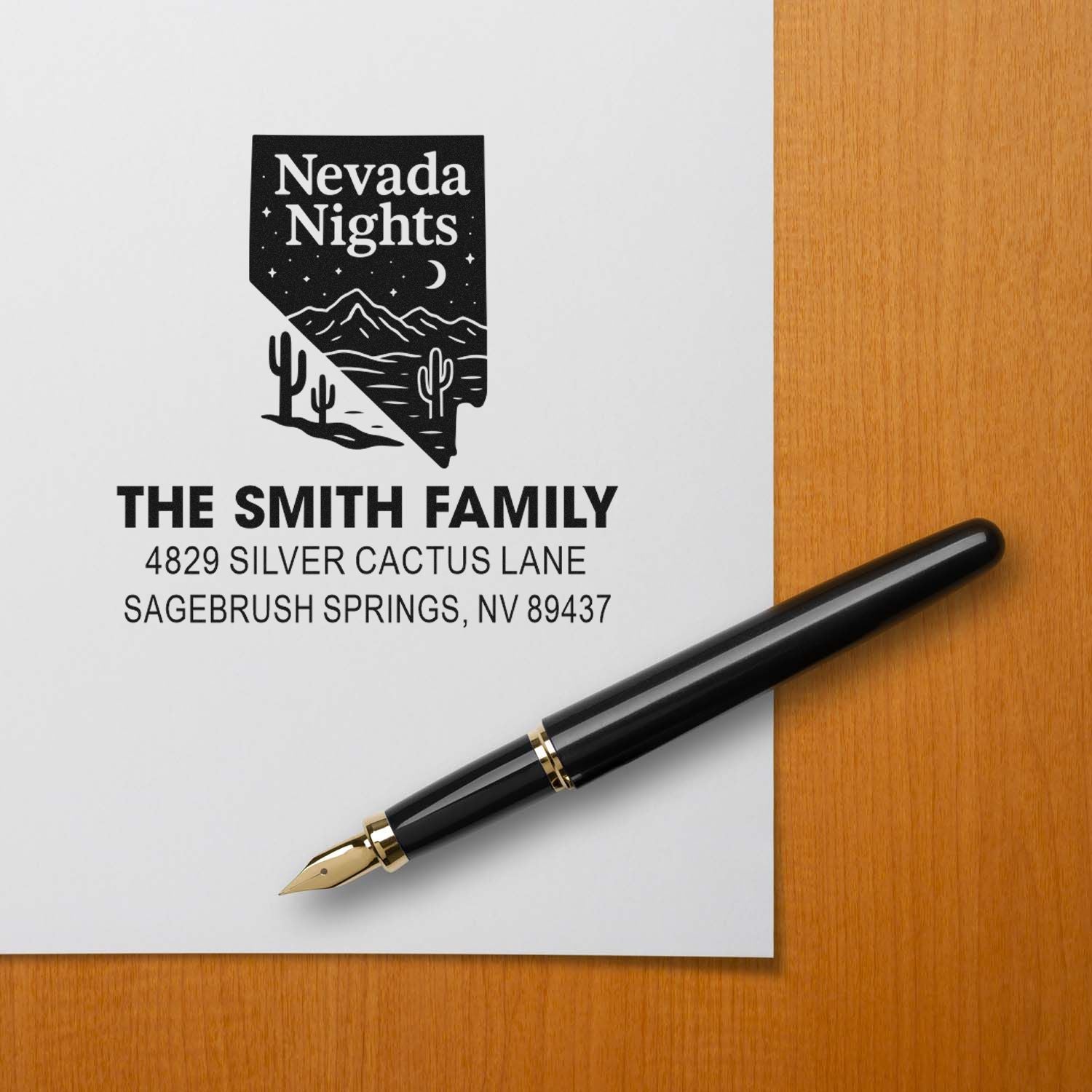 Personalized Nevada Nights return address rubber stamp for The Smith Family, featuring custom name and Sagebrush Springs, NV address.