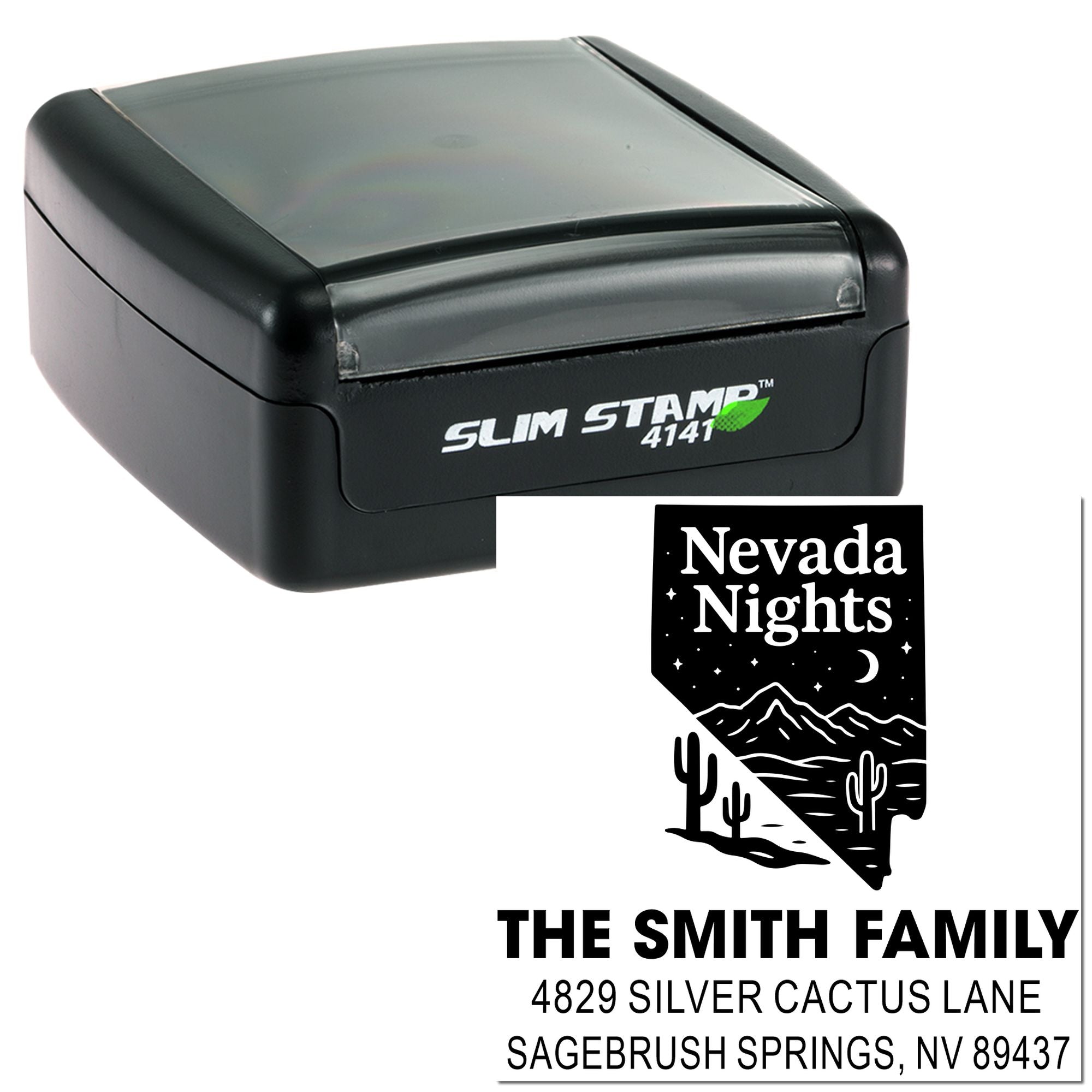 Personalized Nevada return address self-inking rubber stamp with custom family name and desert mountain design.