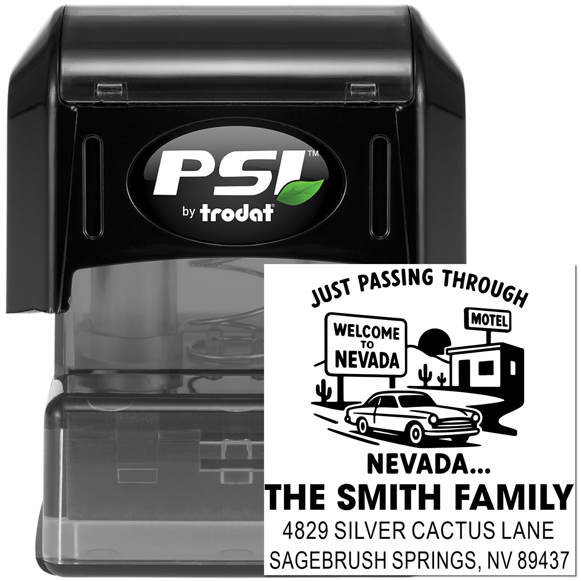 PSI by Trodat custom self-inking rubber address stamp with Nevada welcome design for family return mail.