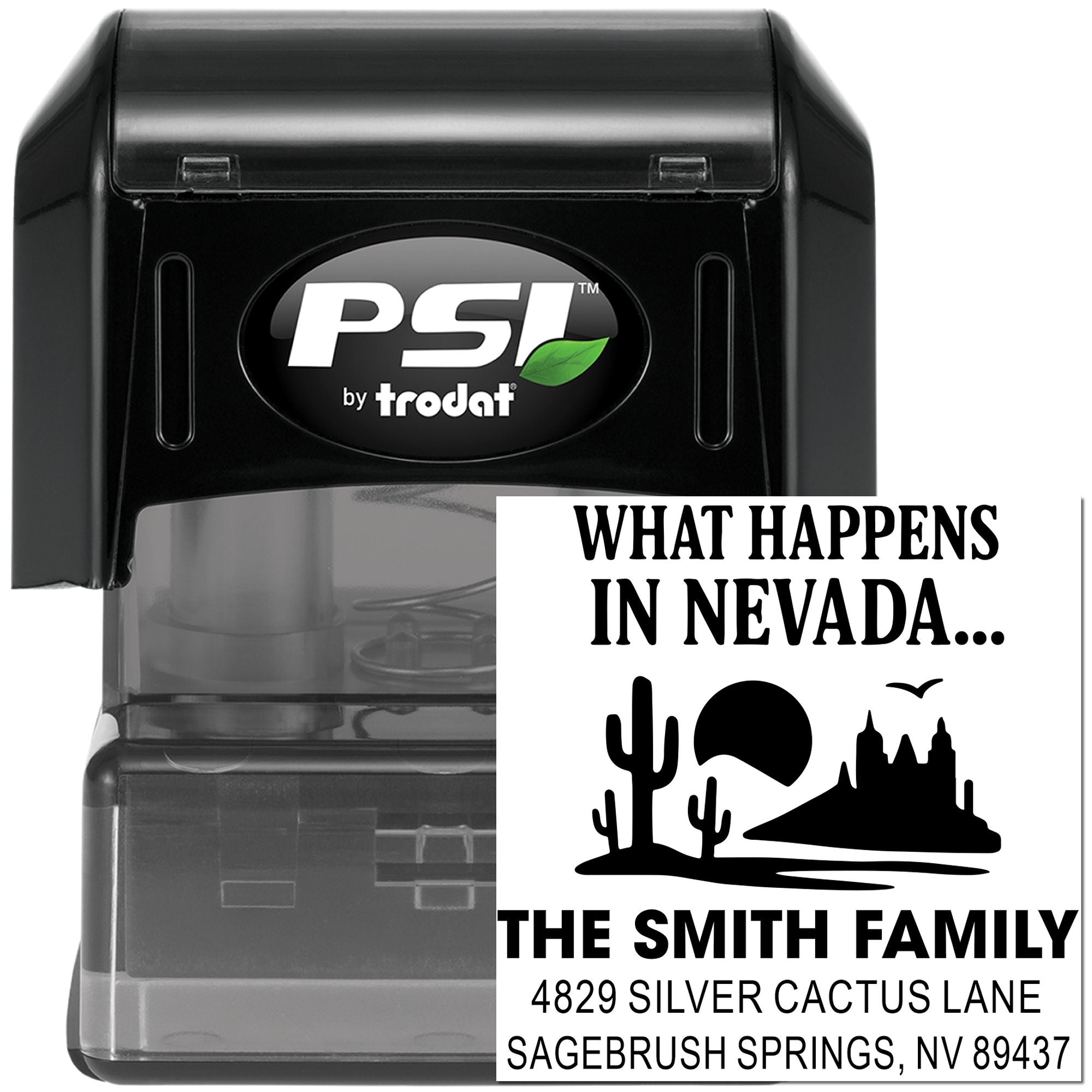 Custom Nevada return address self-inking rubber stamp by PSI Trodat with personalized family name and desert design.