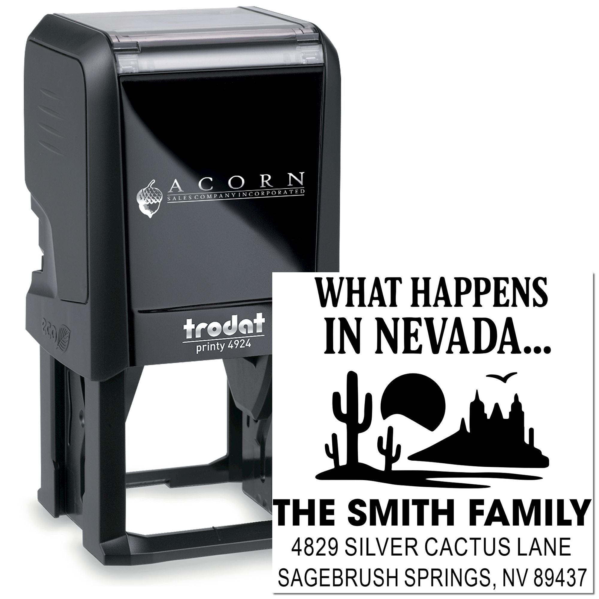 Custom self-inking rubber stamp for personalized Nevada family address imprint with desert graphic and mailing use.
