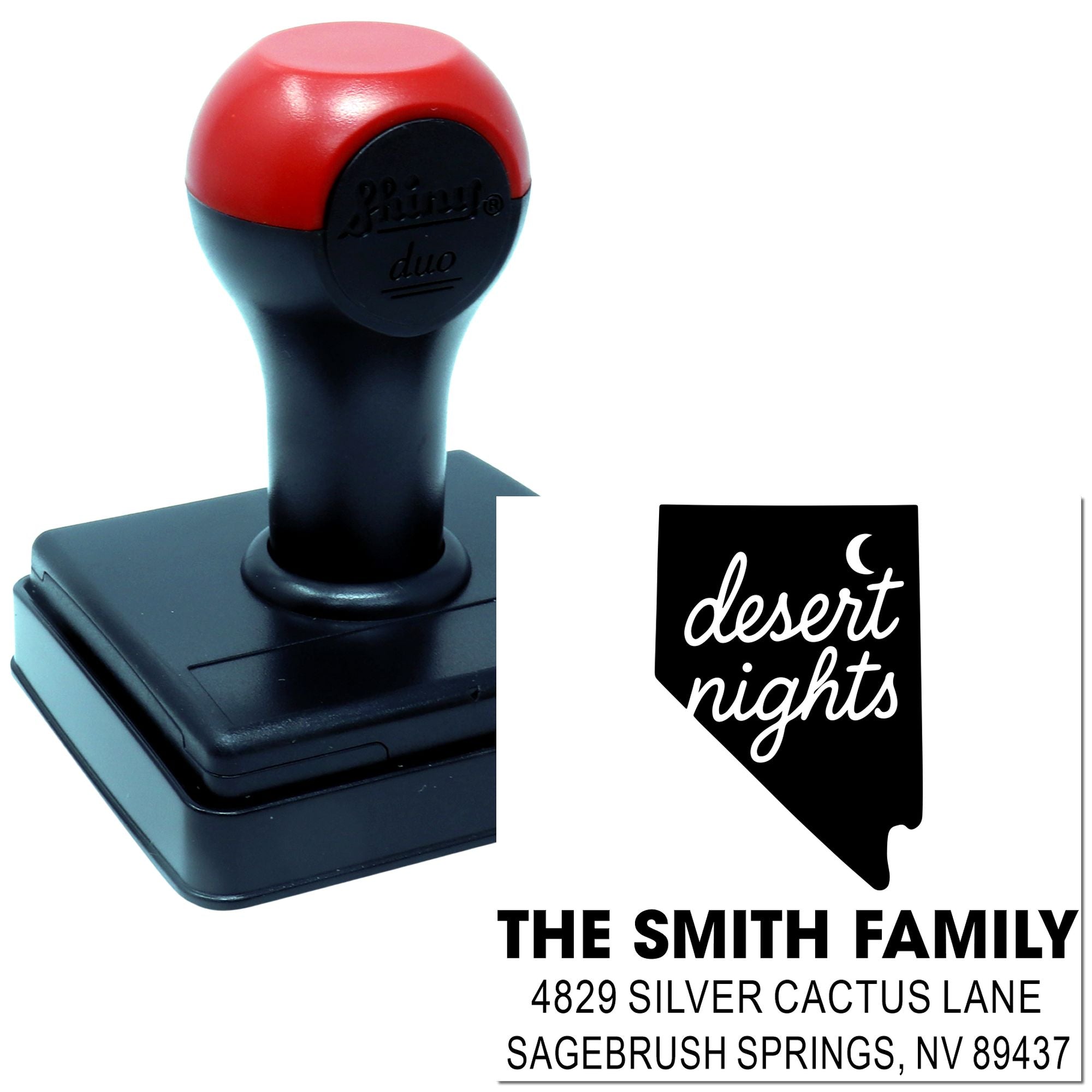 Custom self-inking rubber address stamp with Desert Nights Nevada design for The Smith Family.