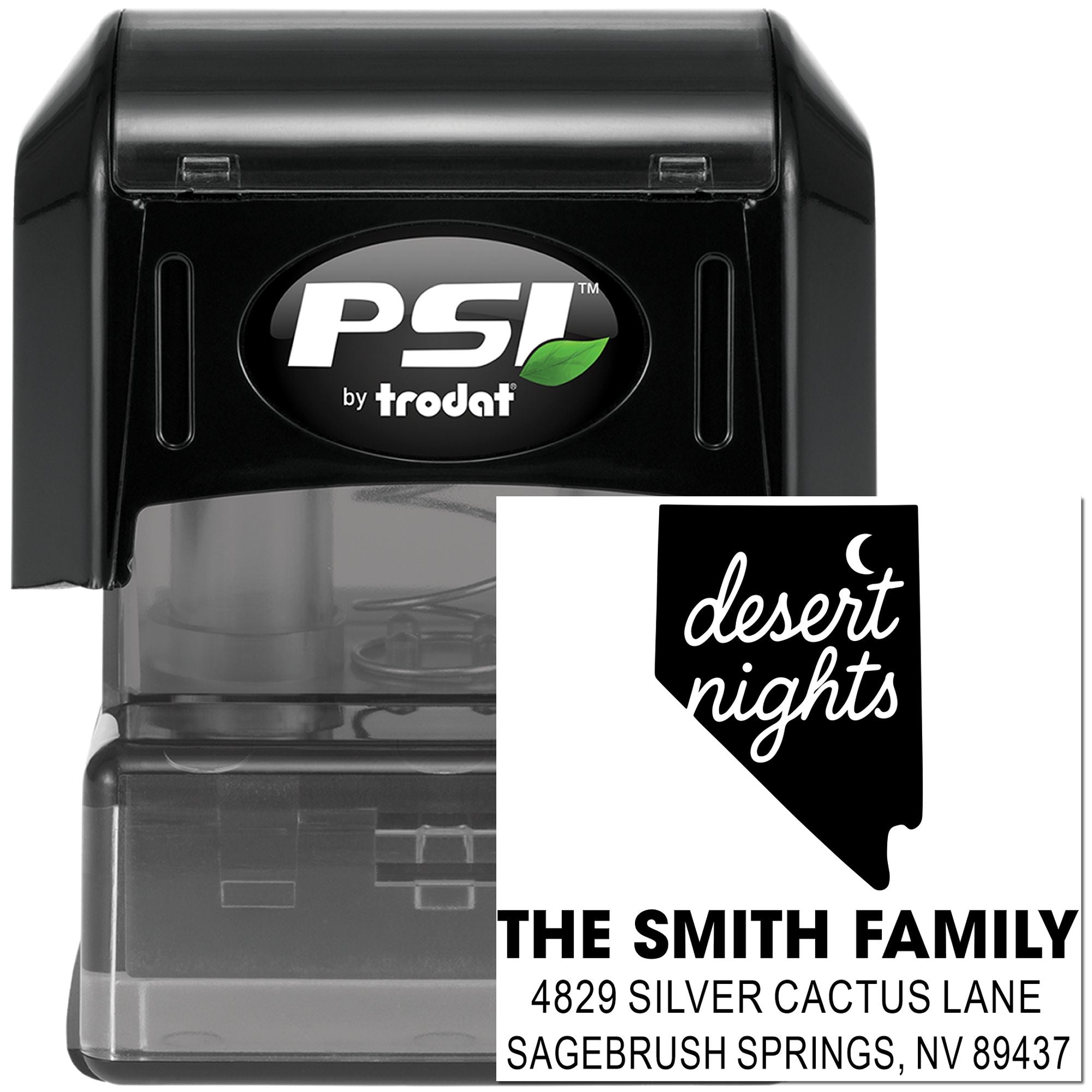 PSI by Trodat self-inking rubber stamp with custom family address and desert nights Nevada design for mailing labels.