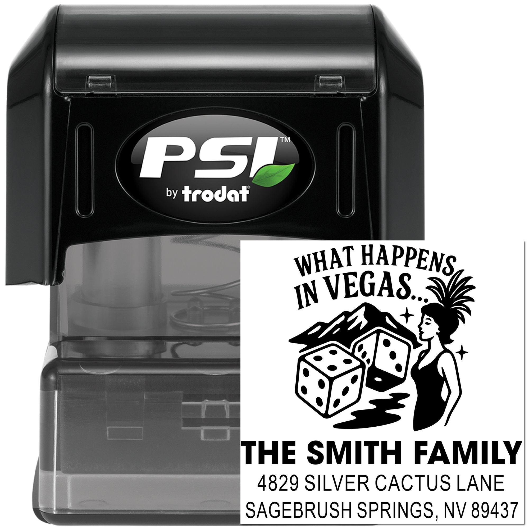 Custom self-inking rubber address stamp with What Happens in Vegas family return address design by PSI Trodat
