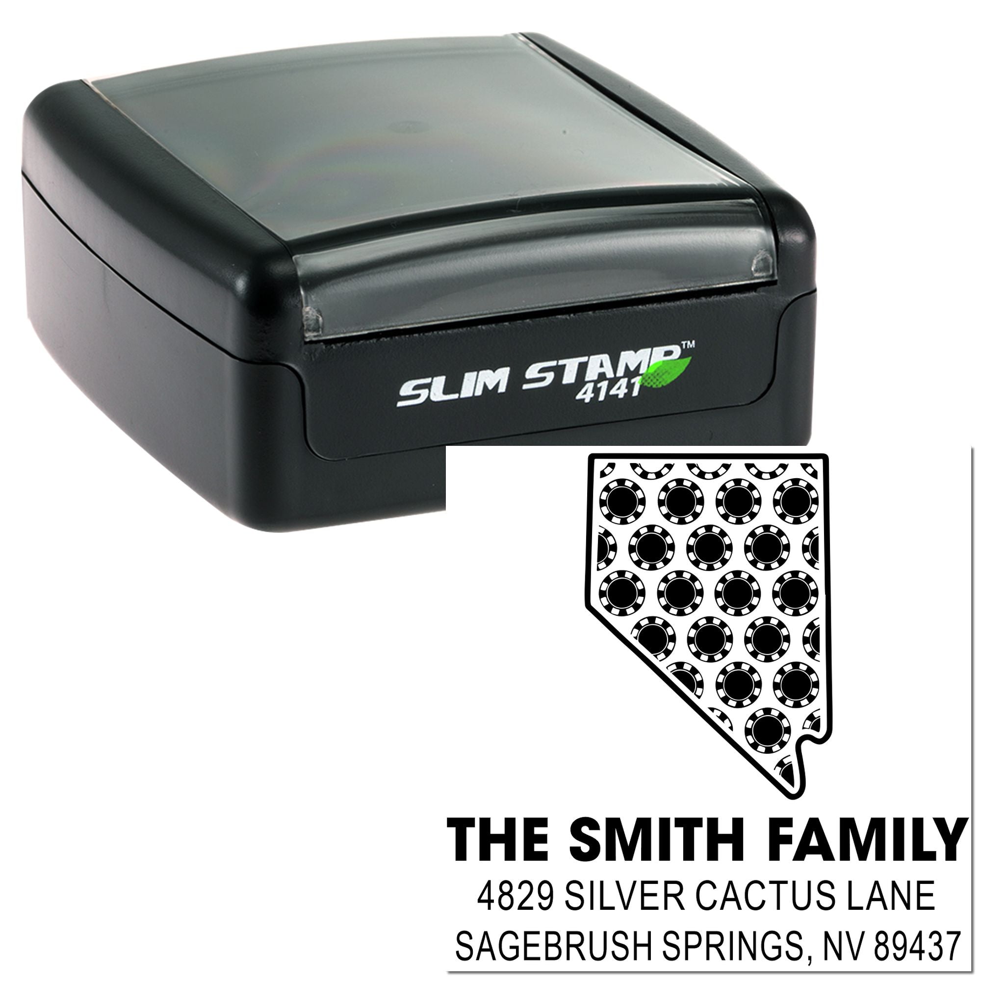 Slim Stamp 4141 self-inking custom address rubber stamp with family name and Nevada return address imprint