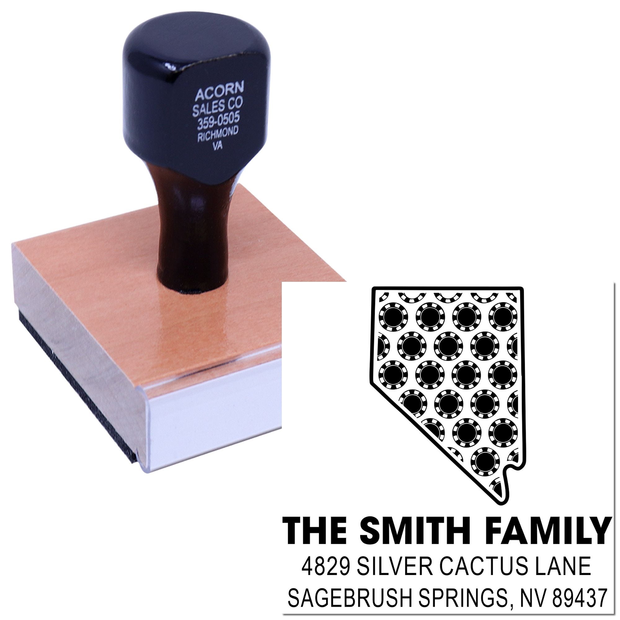 Custom return address rubber stamp with poker chip design for The Smith Family, Sagebrush Springs NV.